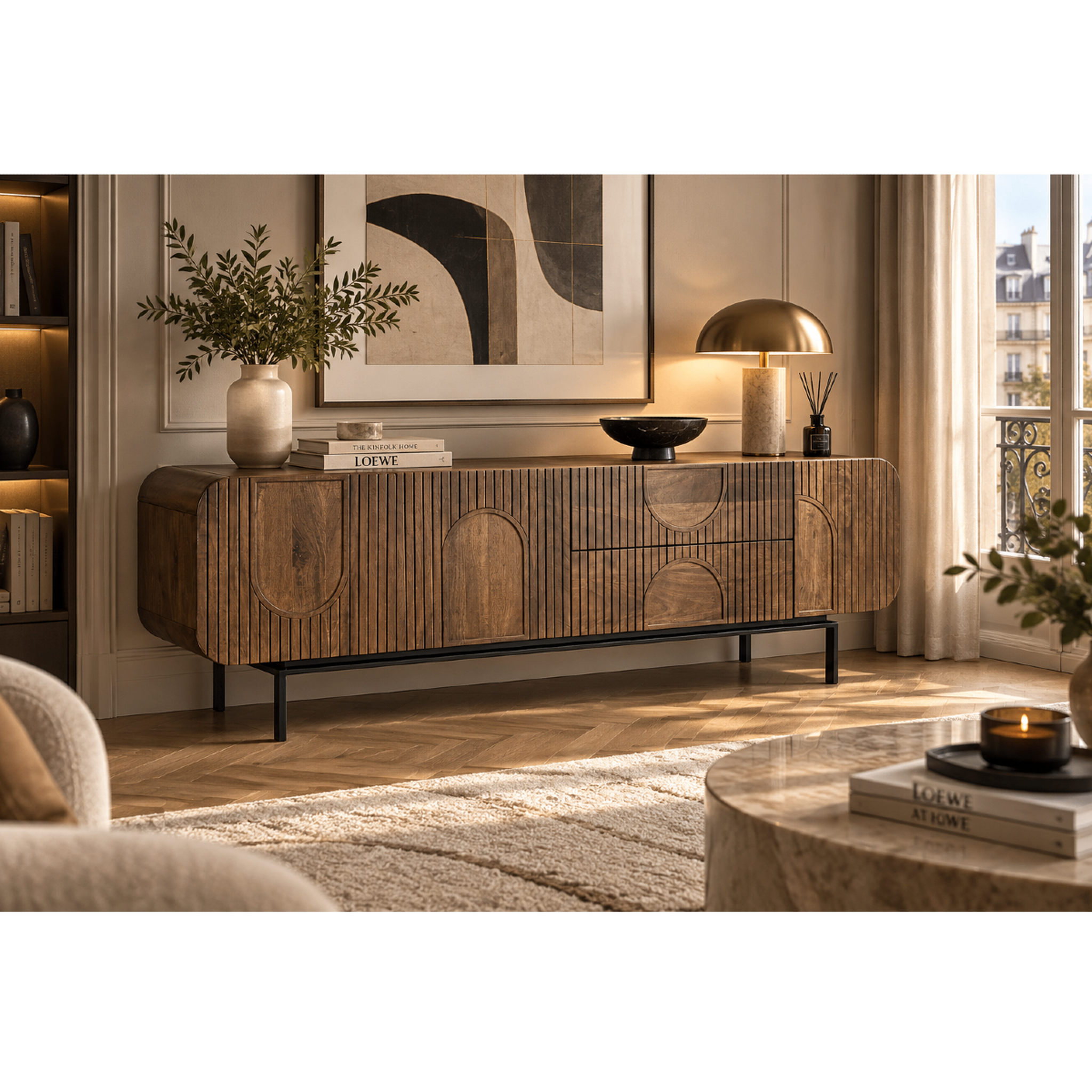 Voir la diapositive 2 : JLC KREATION Meuble tv en manguier naturel 3 portes 2 tiroirs 170 cm mira
