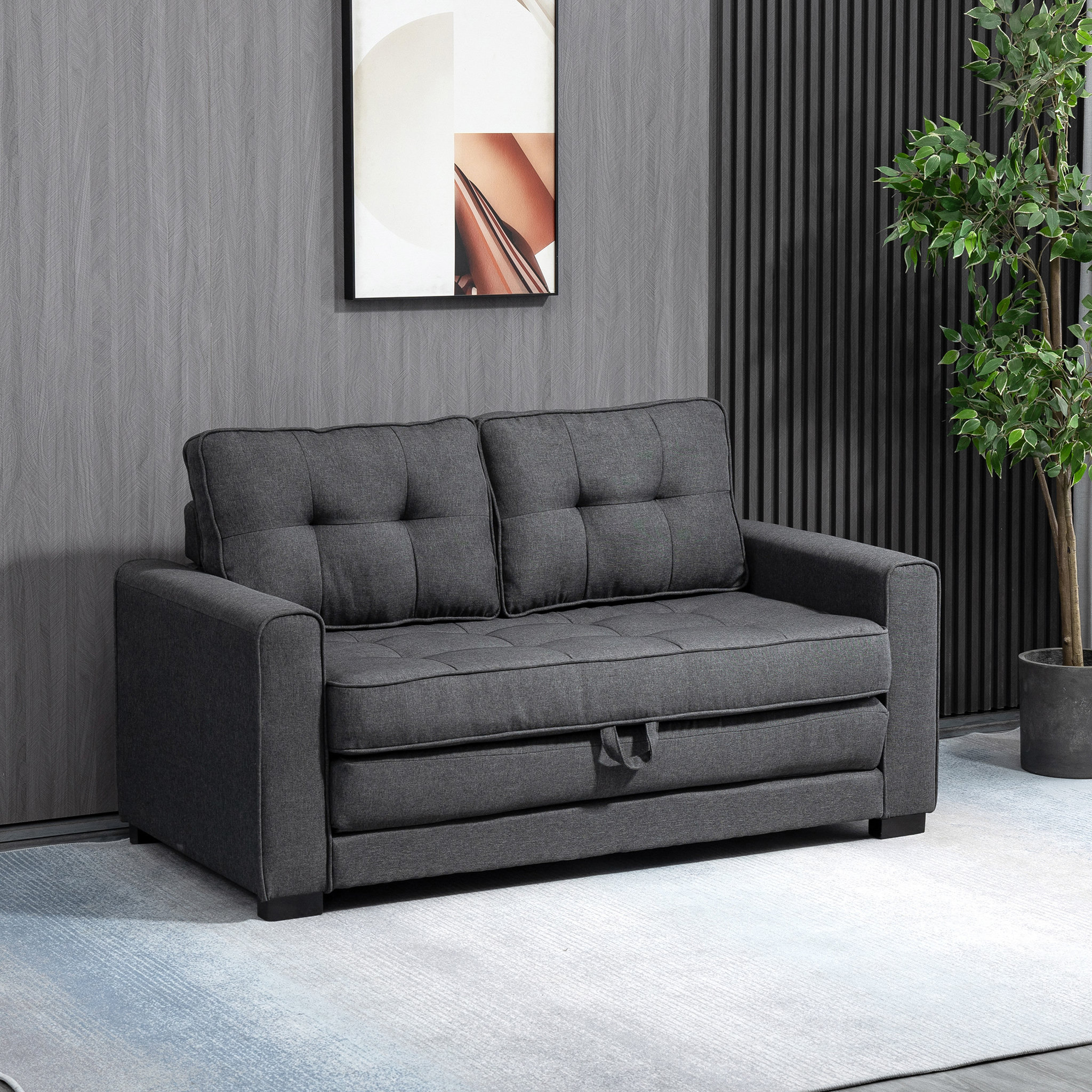Voir la diapositive 2 : HOMCOM Canapé convertible 2 places design contemporain assise dossier capitonnés polyester aspect lin gris