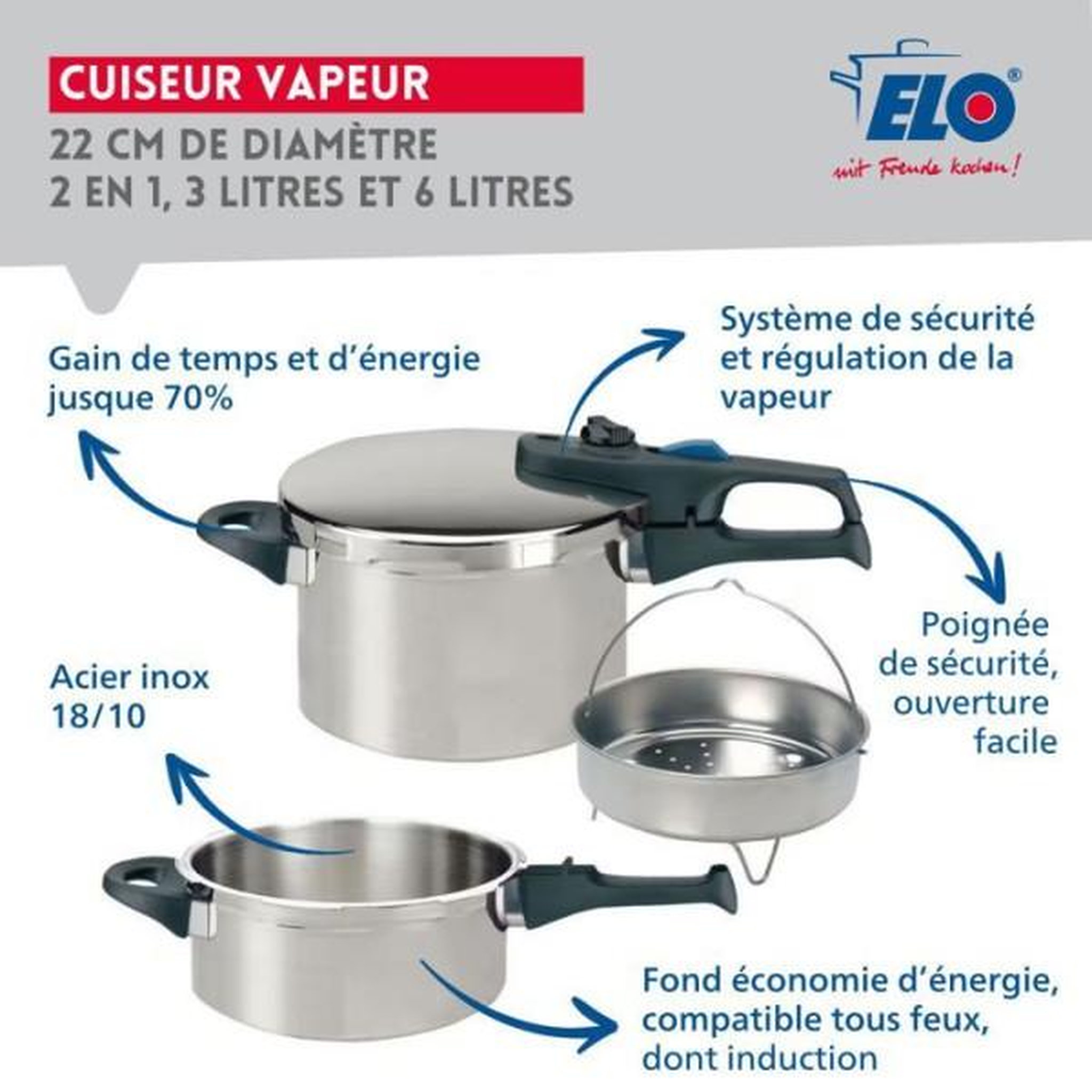 Voir la diapositive 3 : Fackelmann Autocuiseur vapeur - fackelmann - elo praktika plus xl - acier inoxydable 18/10 - 22 cm - 3 a 6 litres