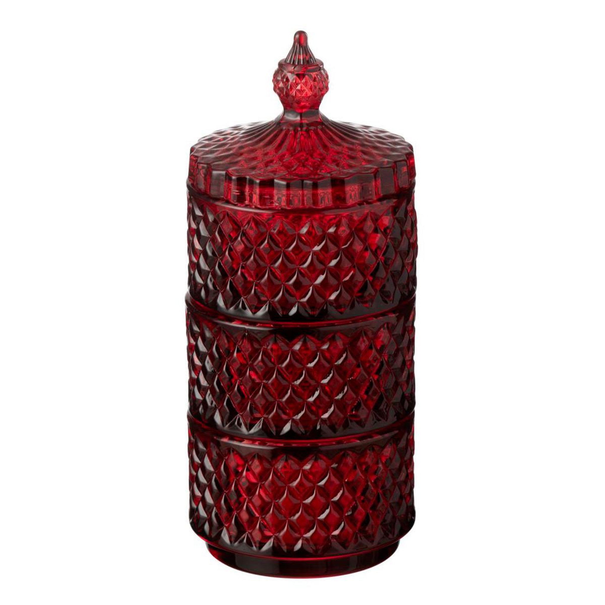 J-LINE Boîte déco en verre  3 étages  20cm rouge