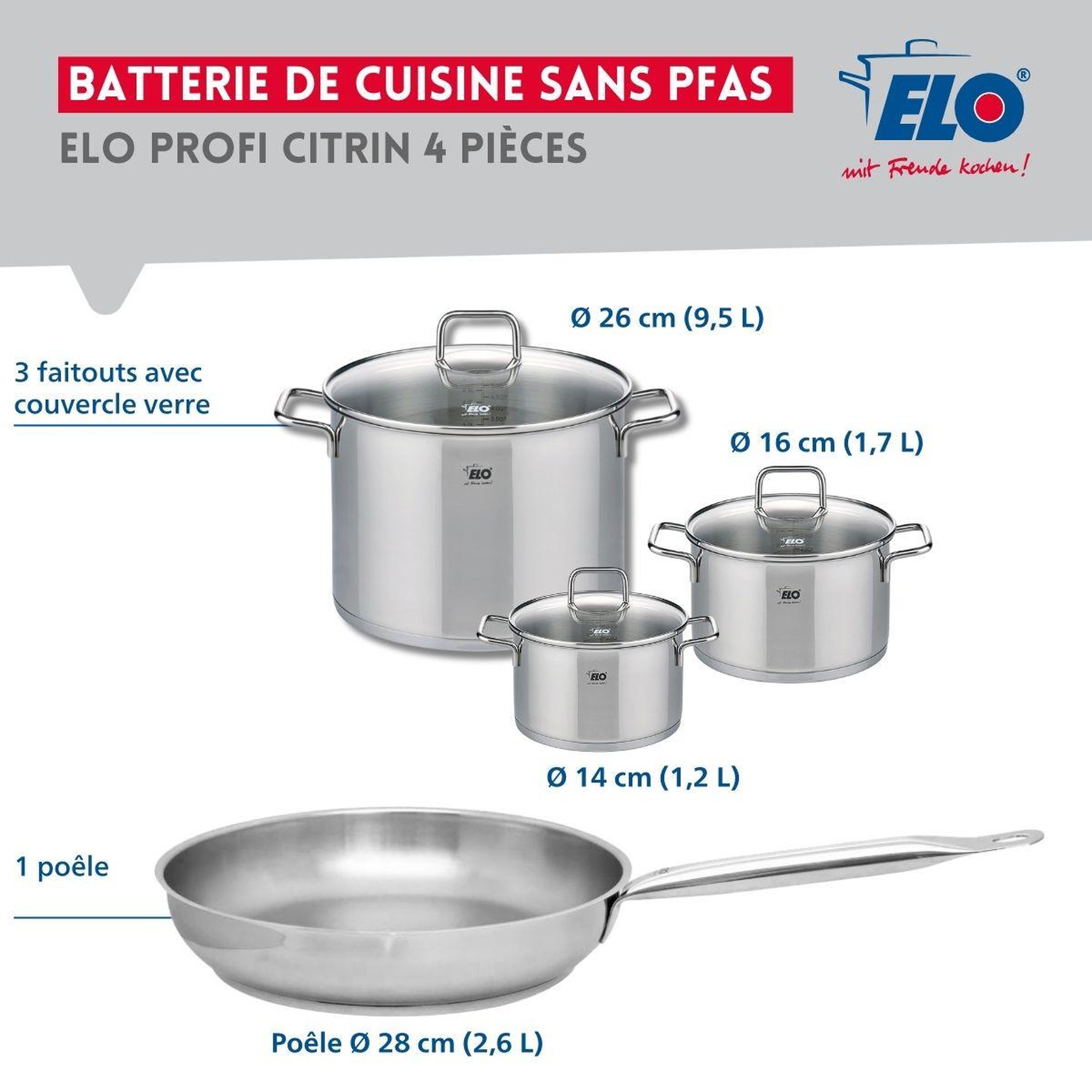 Voir la diapositive 2 : ELO Ensemble de 1 poêle de cuisson 28 cm et 3 faitouts 14, 16 et 26 cm elo profi citrin
