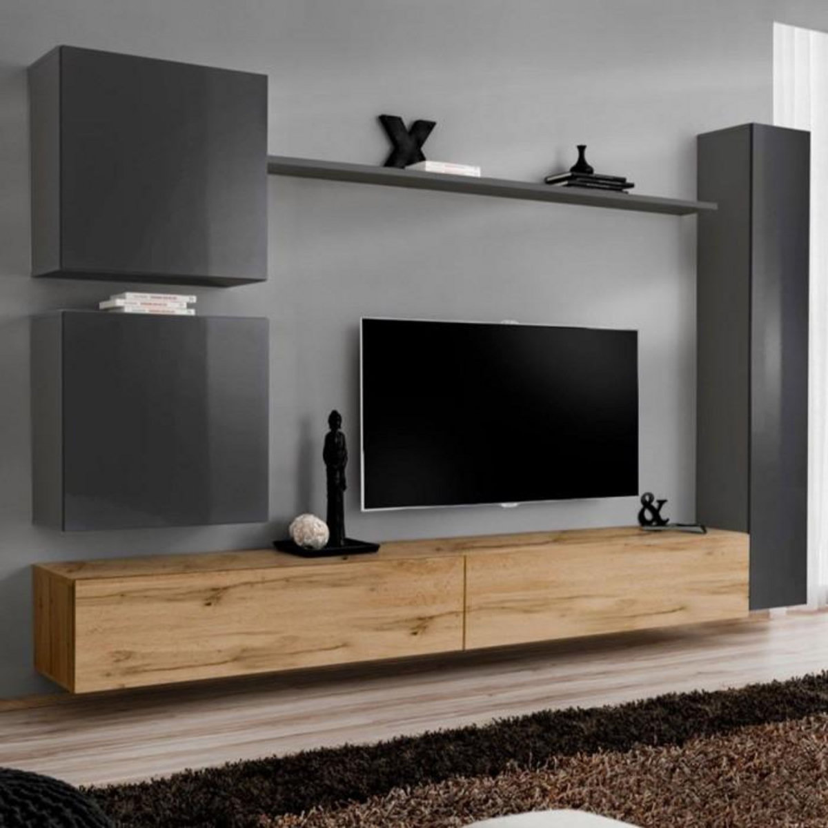 Paris Prix Meuble TV Mural Design  Switch VIII  280cm Gris & Naturel