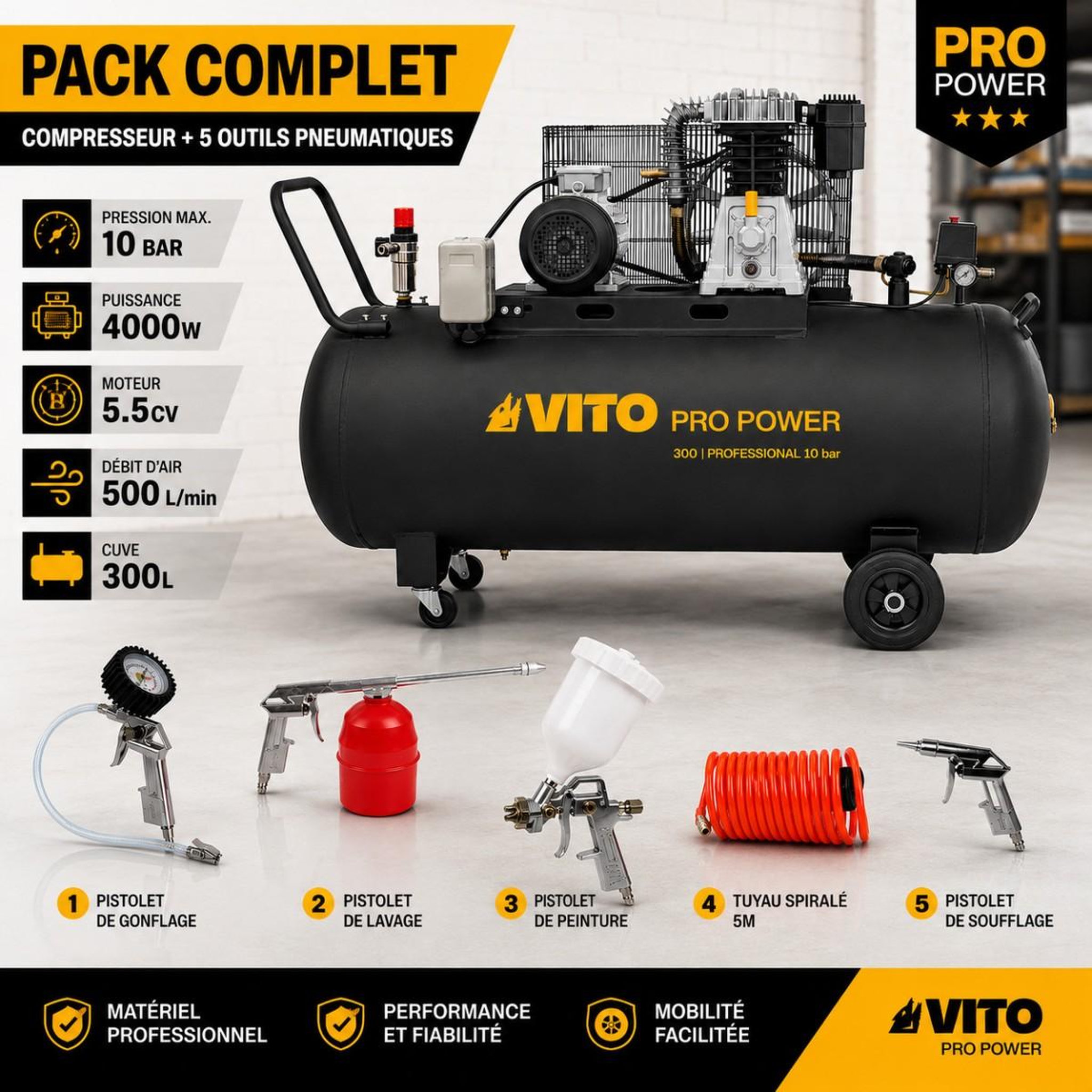 Voir la diapositive 2 : VITO Compresseur d'air 300l 10bar 4kw 500l/min + 5 outils pneumatiques kit complet gonflage soufflage peinture garage atelier vito