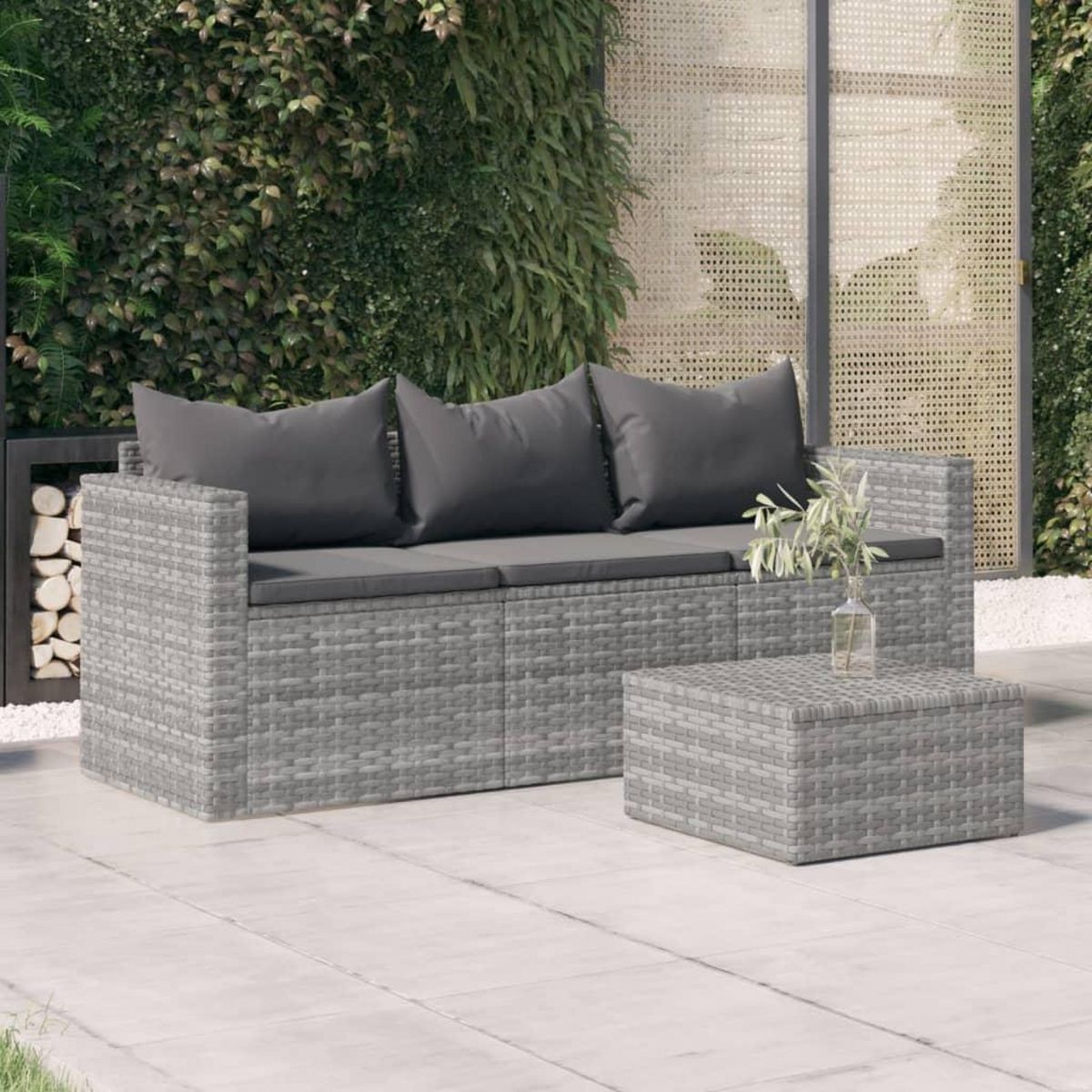 VIDAXL Canape de jardin 3 places avec coussins Gris Resine tressee