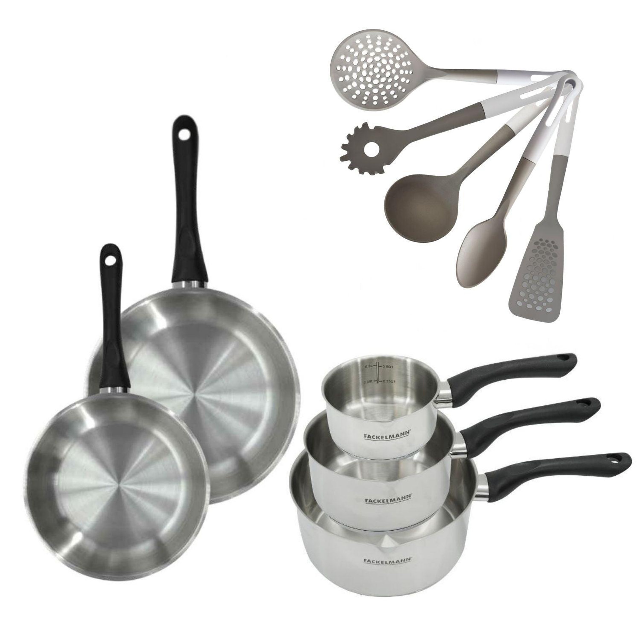 Fackelmann Batterie de cuisine avec 3 casseroles 12/16/20 cm et 2 poêles 20/24 cm avec 5 ustensiles de cuisine fackelmann généva vario