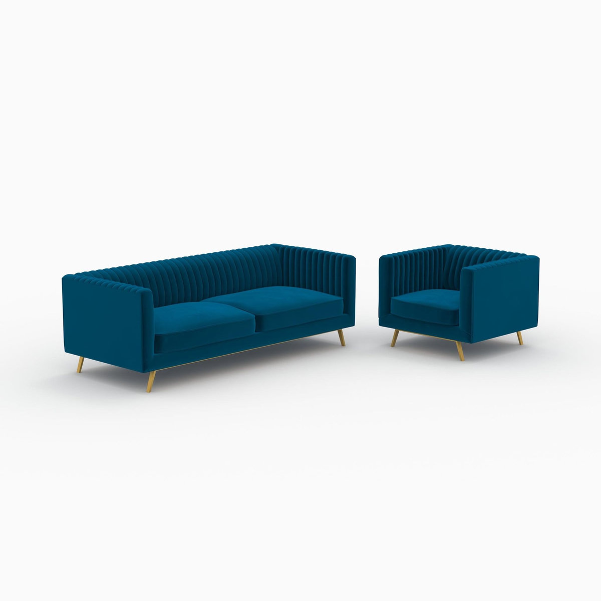 Rendez vous déco Ensemble canapé et fauteuil en velours bleu 3 places-Gatsby
