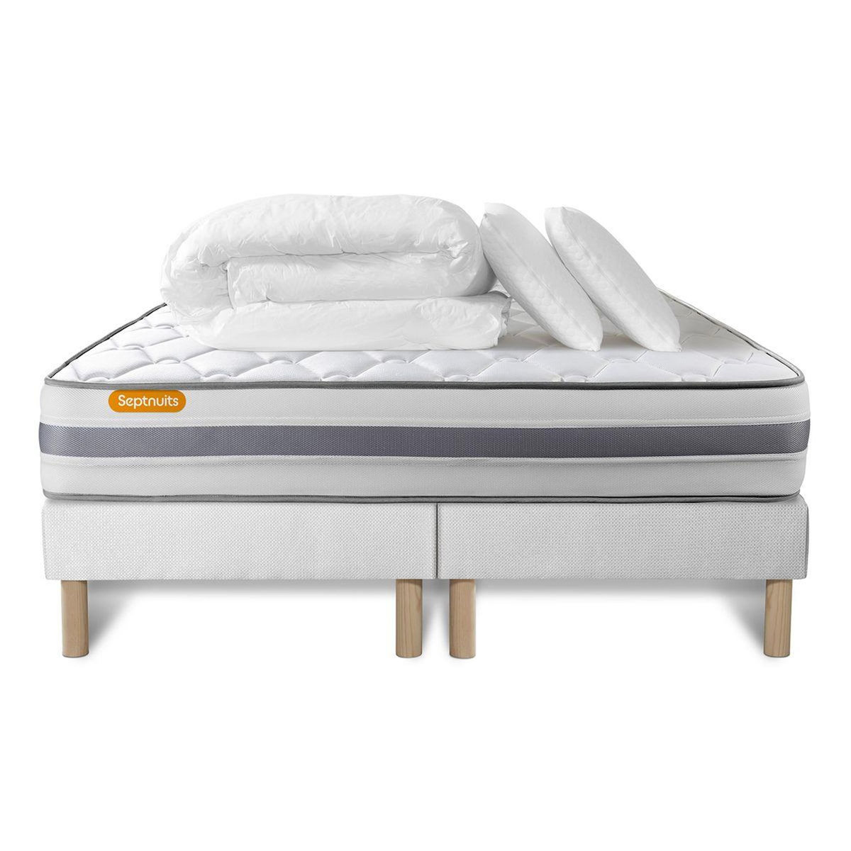 SEPTNUITS Pack matelas + double sommiers Memo Spring Ressorts ensachés 3 zones MAXI épaisseur + Couette + 2 oreillers