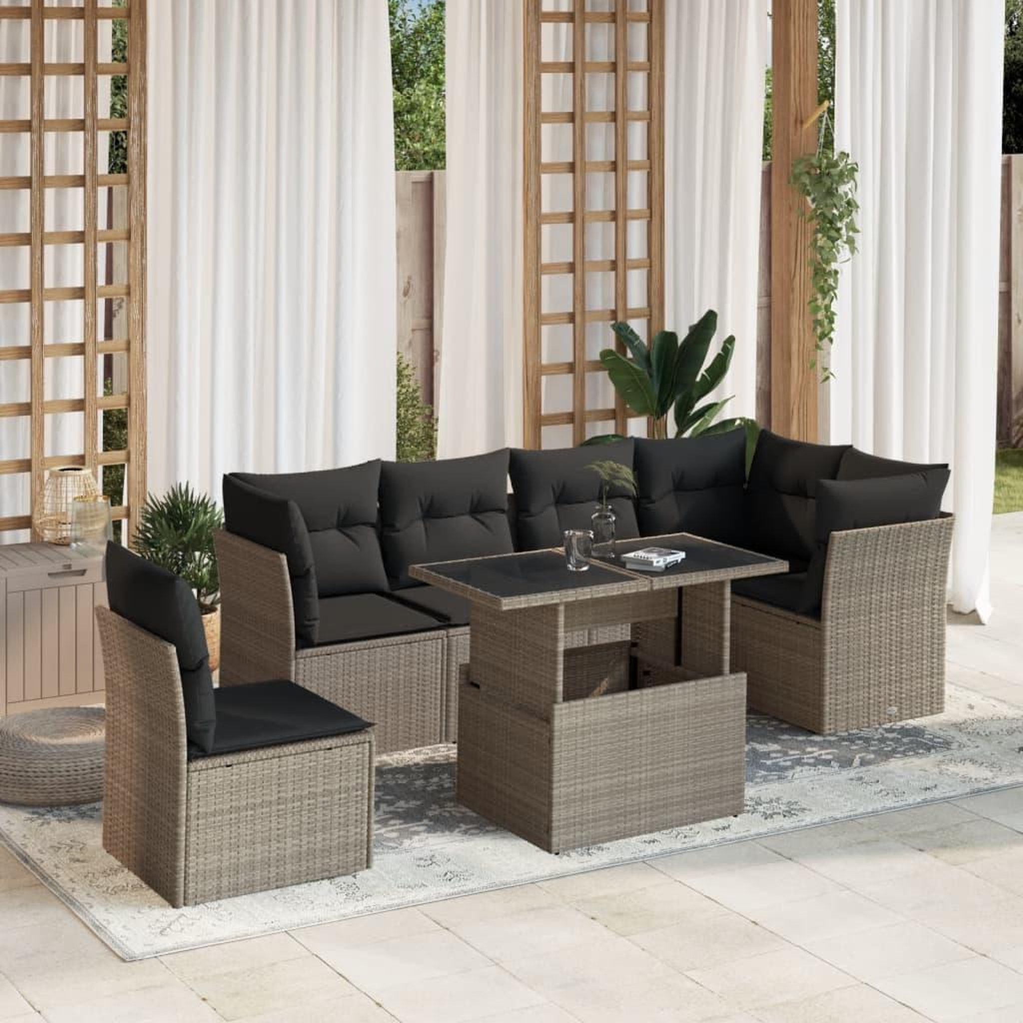 VIDAXL Salon de jardin avec coussins 7 pcs gris clair resine tressee