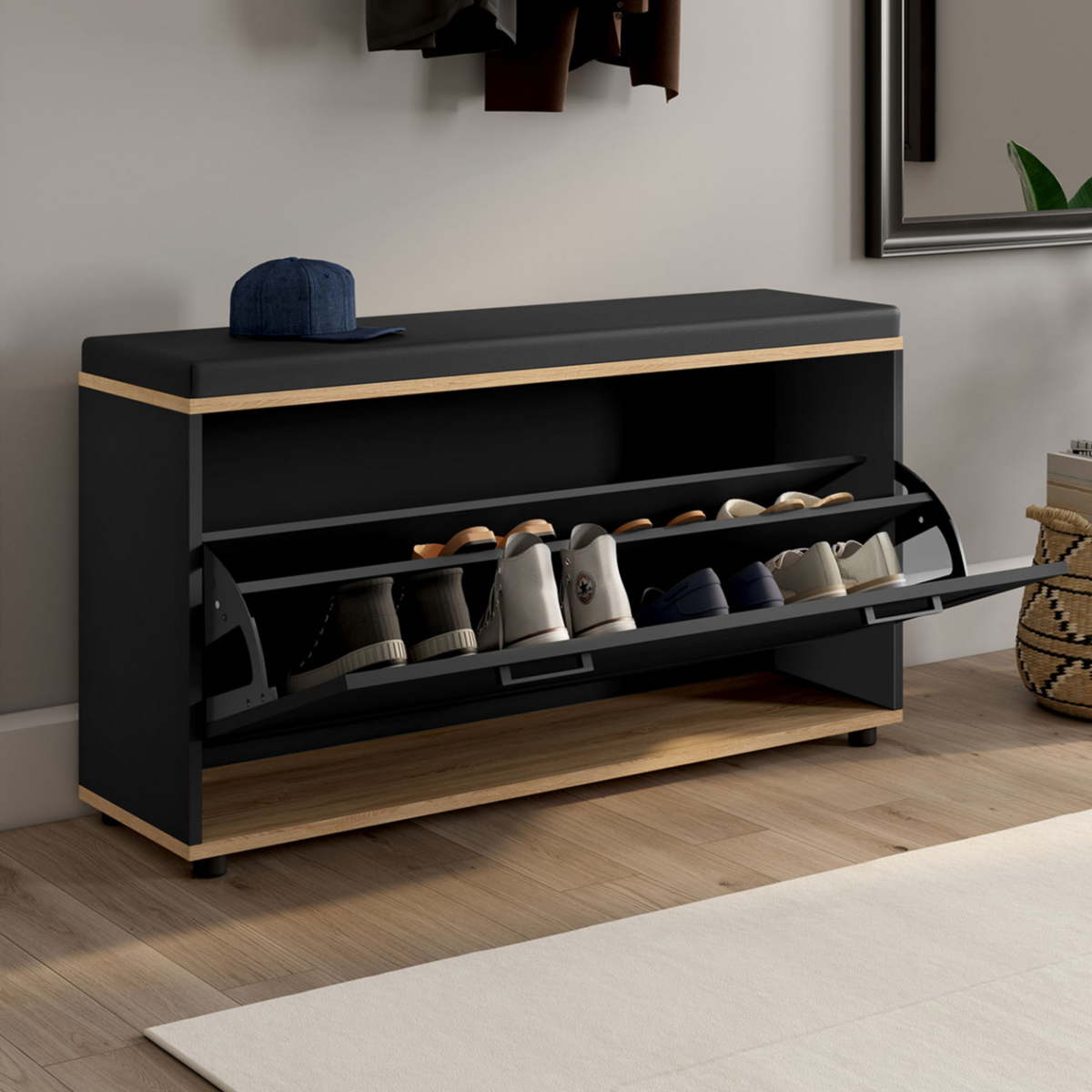 ID MARKET Banc d'entrée chaussures 100 cm avec coussin VITO noir