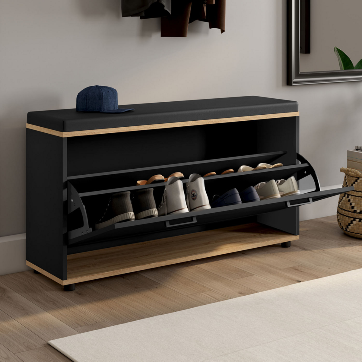 ID MARKET Banc d'entrée chaussures 100 cm avec coussin VITO noir