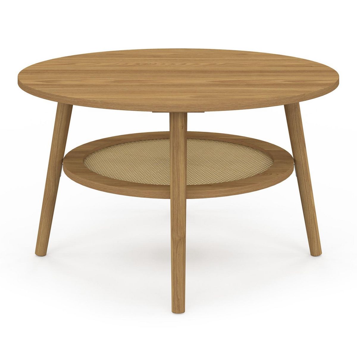 ID MARKET Table basse 70 cm HANAE ronde bois façon hêtre et plateau effet naturel cannage