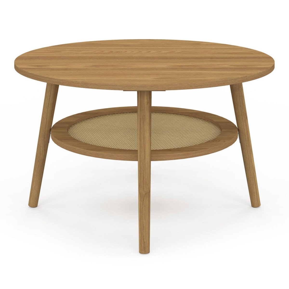 ID MARKET Table basse 70 cm HANAE ronde bois façon hêtre et plateau effet naturel cannage