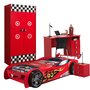 Vipack Lit 90x200 - Armoire 2 portes - Chevet 2 tiroirs et Bureau Le Mans Car Beds - Rouge