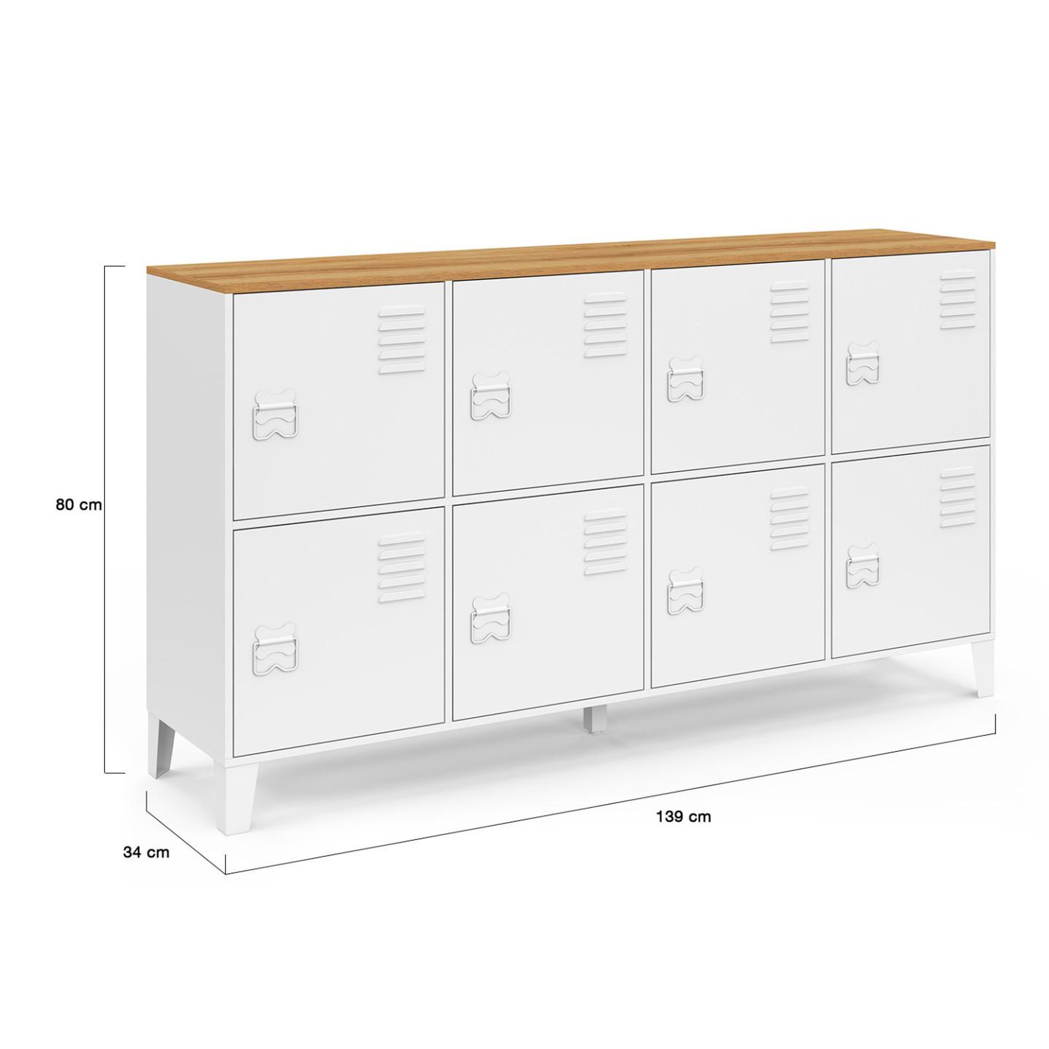 Voir la diapositive 5 : ID MARKET Buffet casier 139 cm ester 8 portes en métal blanc plateau bois design industriel