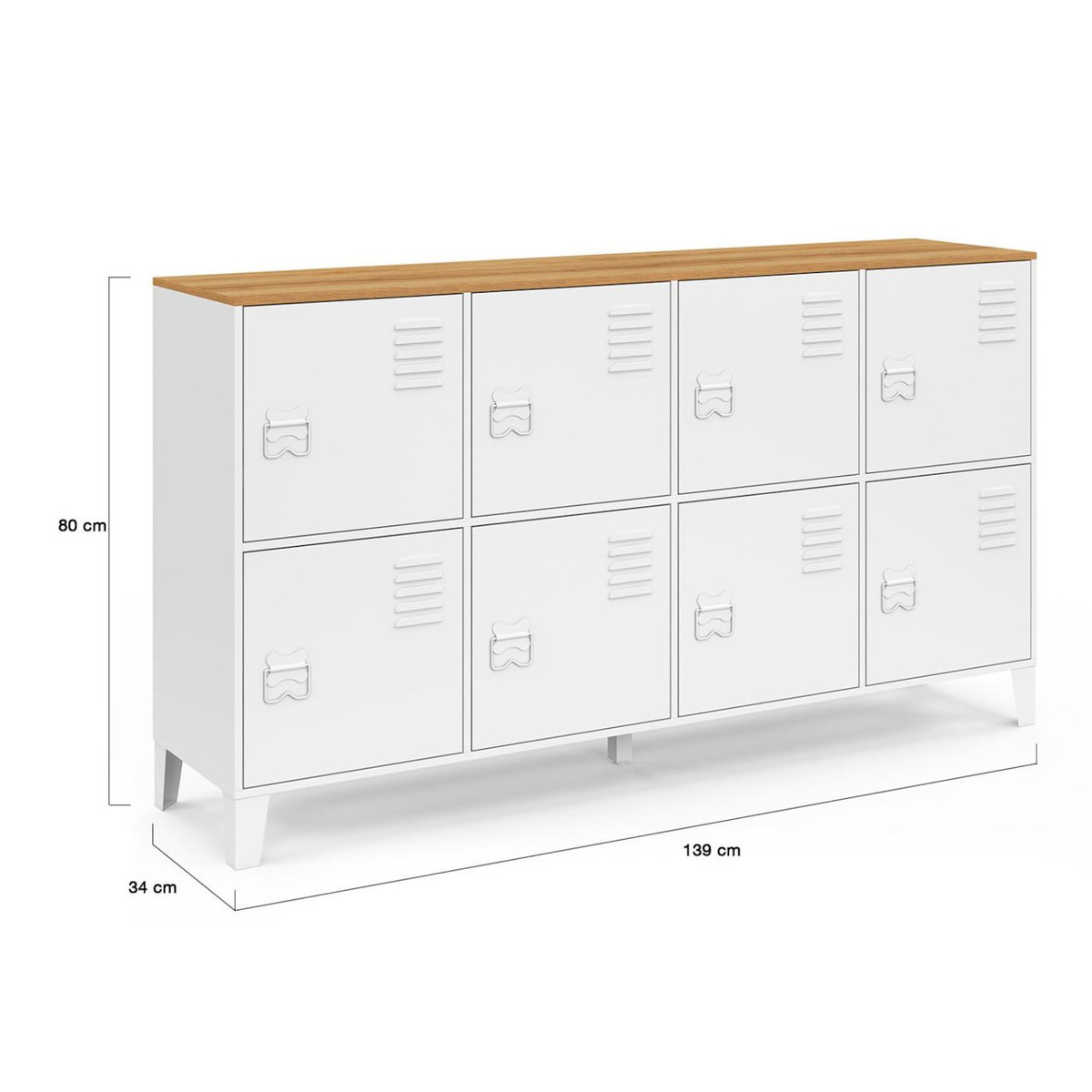 ID MARKET Buffet casier 139 cm ESTER 8 portes en métal blanc plateau bois design industriel