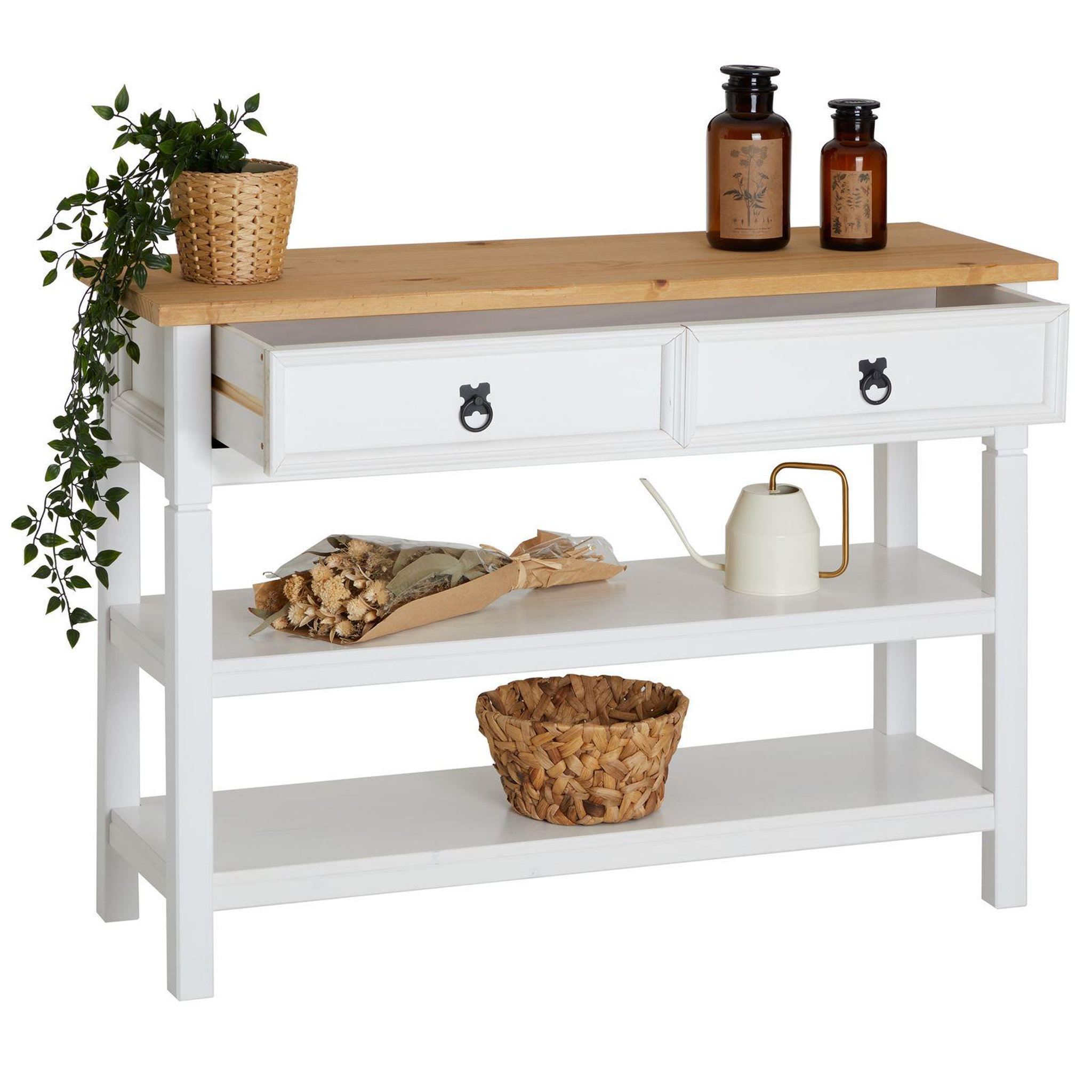 Voir la diapositive 4 : IDIMEX Table console en pin tequila style mexicain, 1 tiroir et 2 étagères