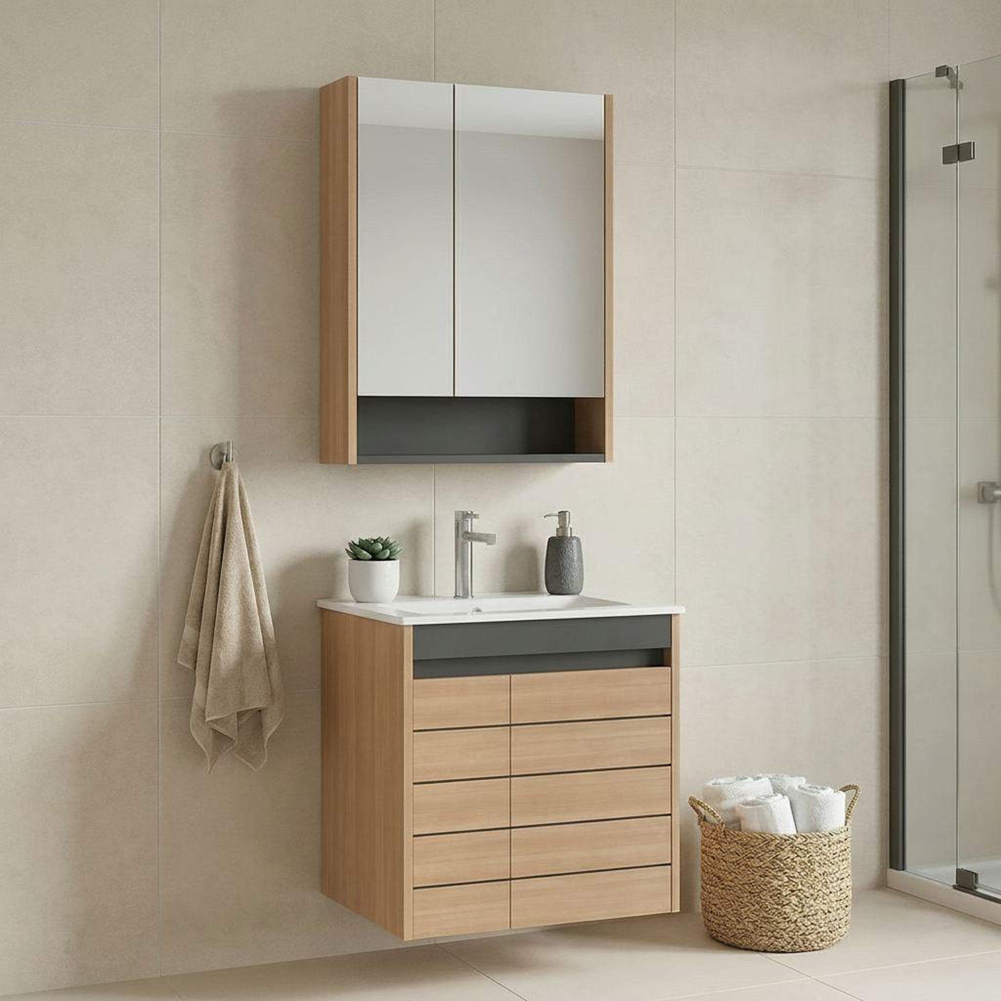 Voir la diapositive 2 : Habitat et Jardin Meuble avec simple vasque et miroir  Ricato 60  - 61 x 47 x 62 cm - Oak