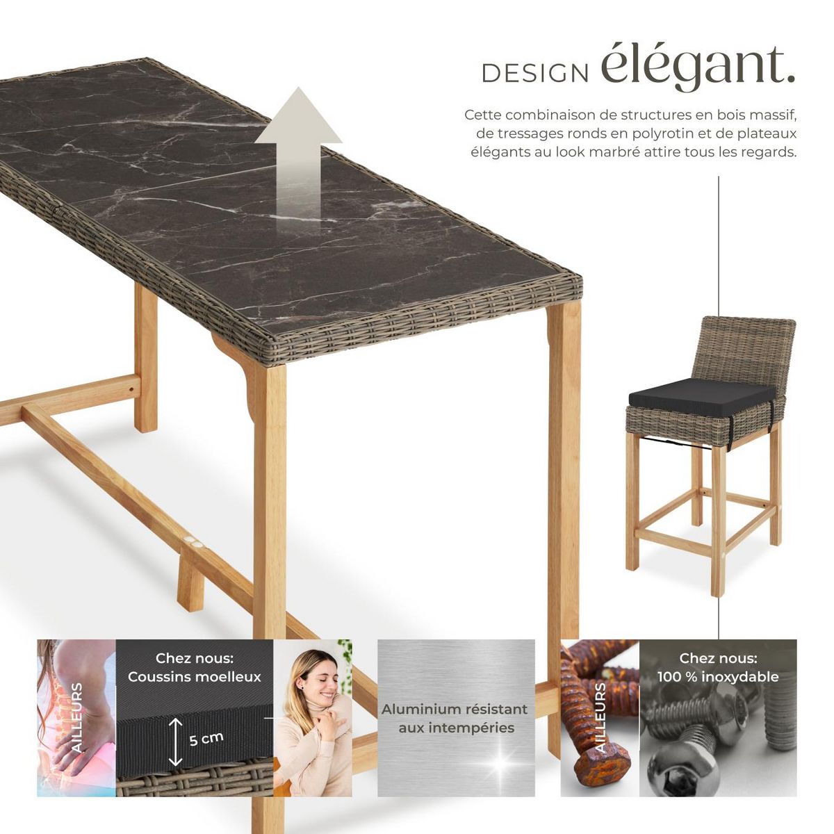 tectake Ensemble table en rotin avec 4 chaises avec cadre en aluminium marron naturel