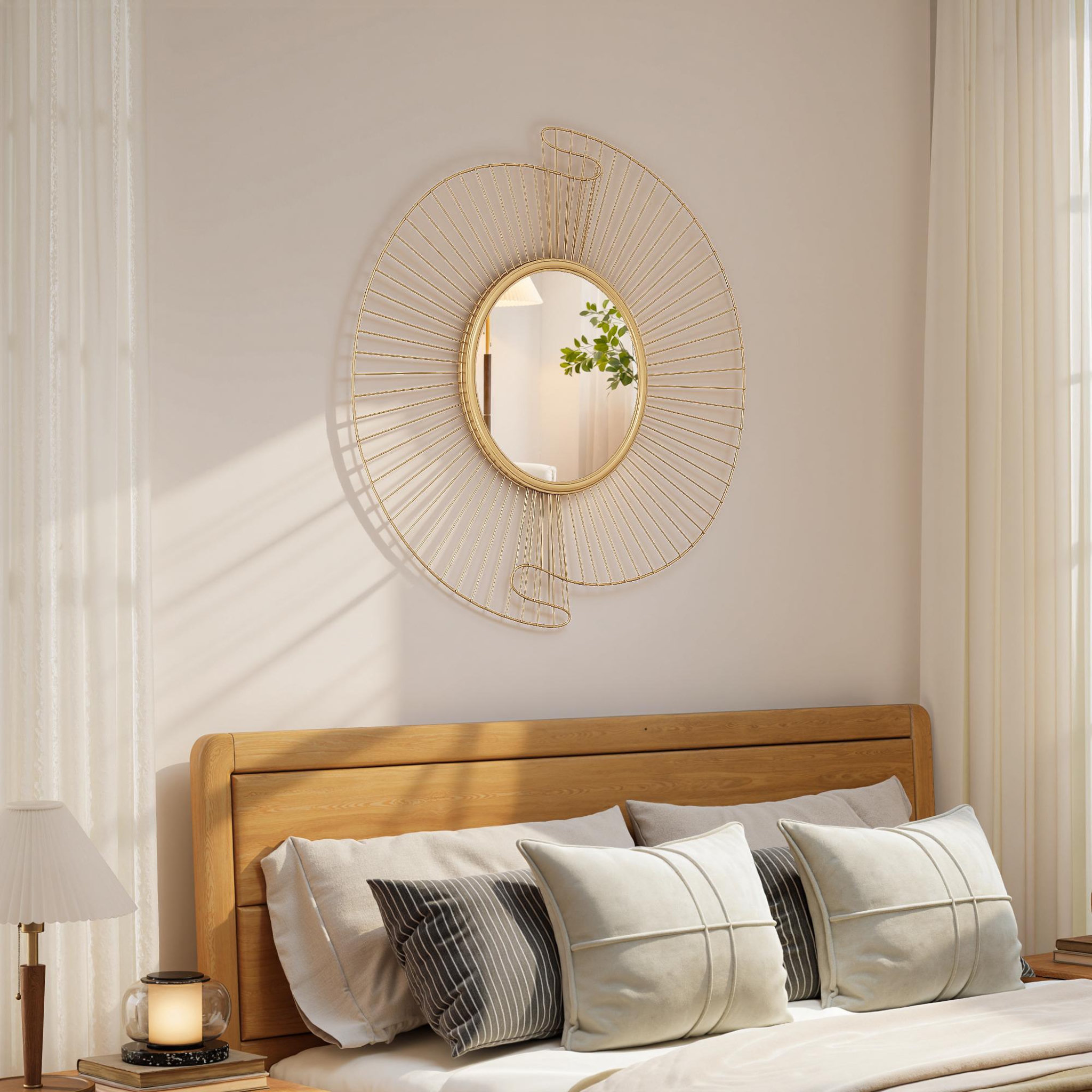 Voir la diapositive 2 : HOMCOM Miroir mural décoratif dia. 60 cm inspiration Art Déco métal doré
