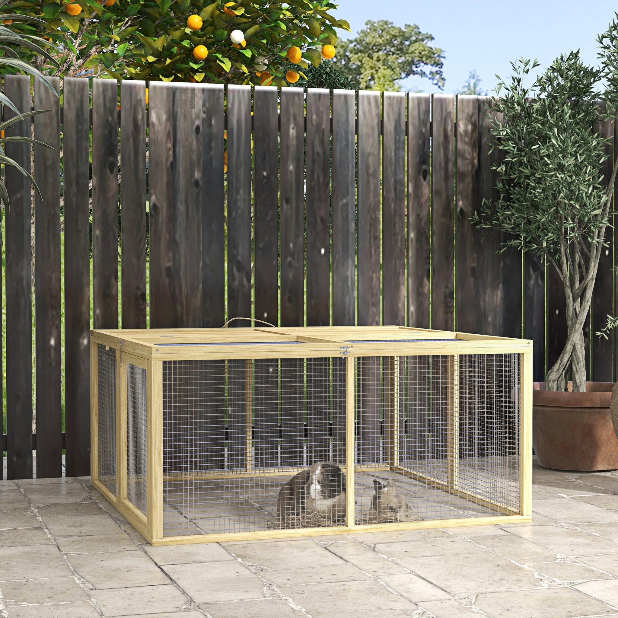 Voir la diapositive 6 : PAWHUT Clapier pliable avec poignée - cage à lapin - toit ouvrant, porte - 120 x 120 x 57 cm - acier bois autoclave