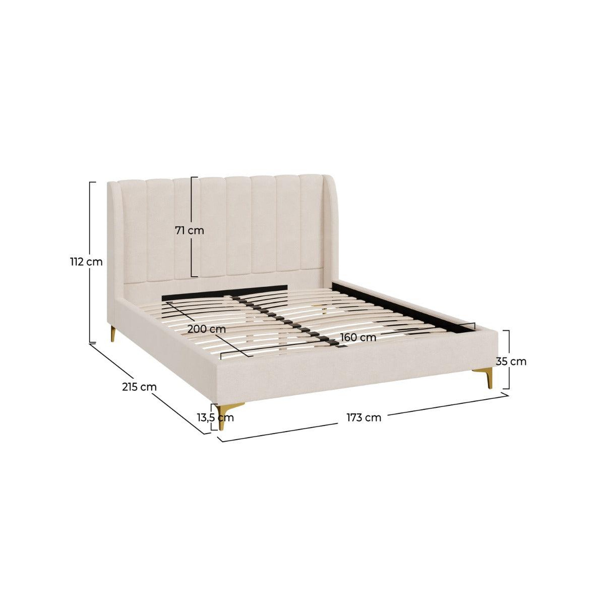 Voir la diapositive 4 : MAISON PAVANE Lit double 160x200 cm en tissu beige et pieds dorés-koda