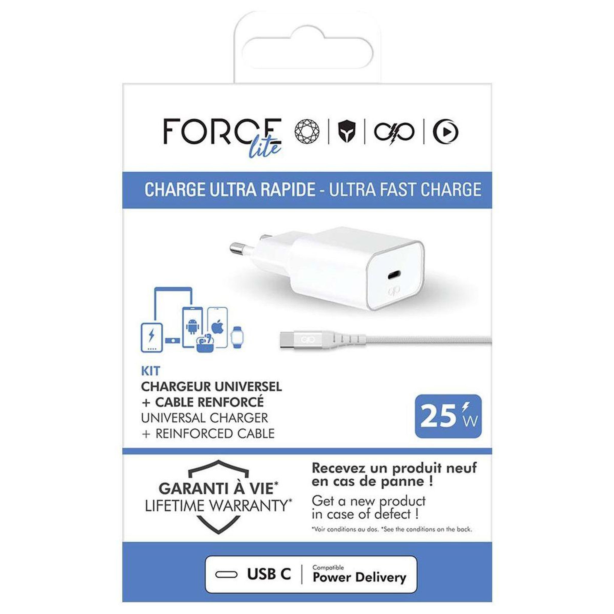 Voir la diapositive 5 : FORCE POWER Chargeur secteu 25w + cable usb-c / usb-c 1.2m