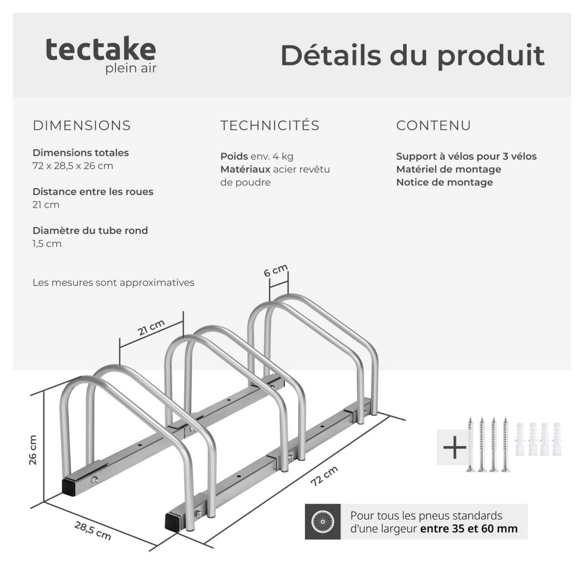 tectake Support à bicyclette en acier inoxydable argent