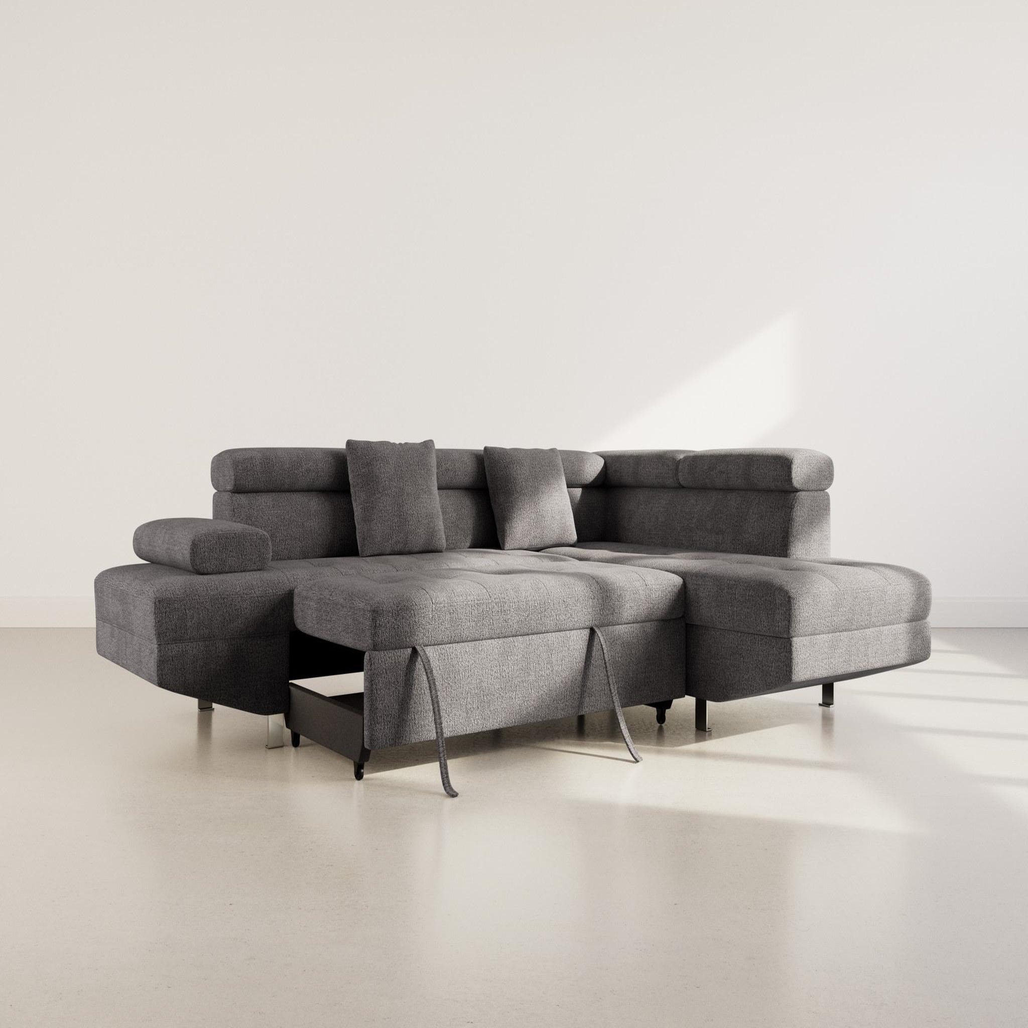 Voir la diapositive 2 : BEST MOBILIER Margaux - canapé d'angle droit 5 places convertible avec coffre et têtières réglables en velours texturé