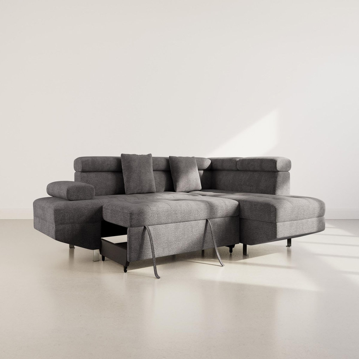 BEST MOBILIER Margaux - canapé d'angle droit 5 places convertible avec coffre et têtières réglables en velours texturé