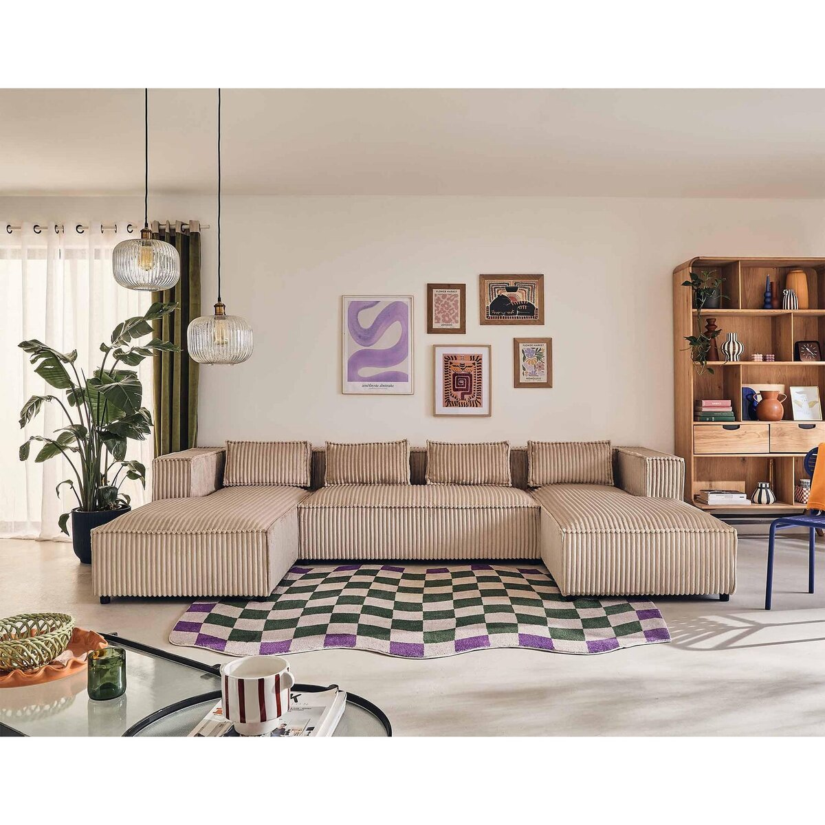 LISA DESIGN Stella - canapé panoramique en u - 7 places - en velours côtelé grosses côtes