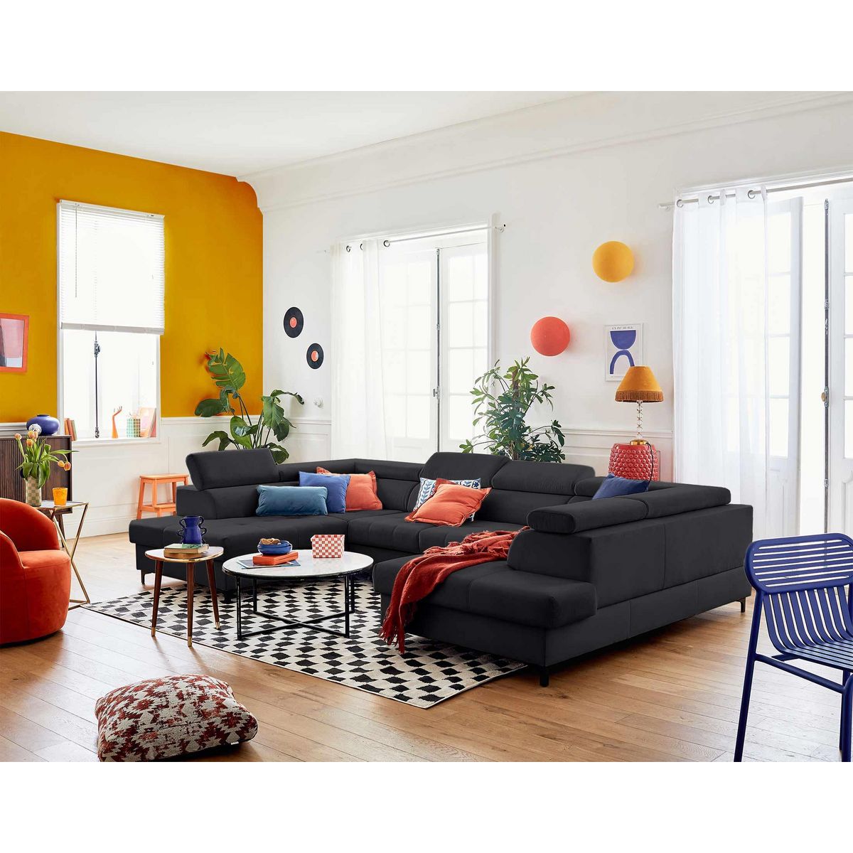 LISA DESIGN Merida - canapé panoramique en u - 7 places - convertible avec coffres et têtières réglables - en velours