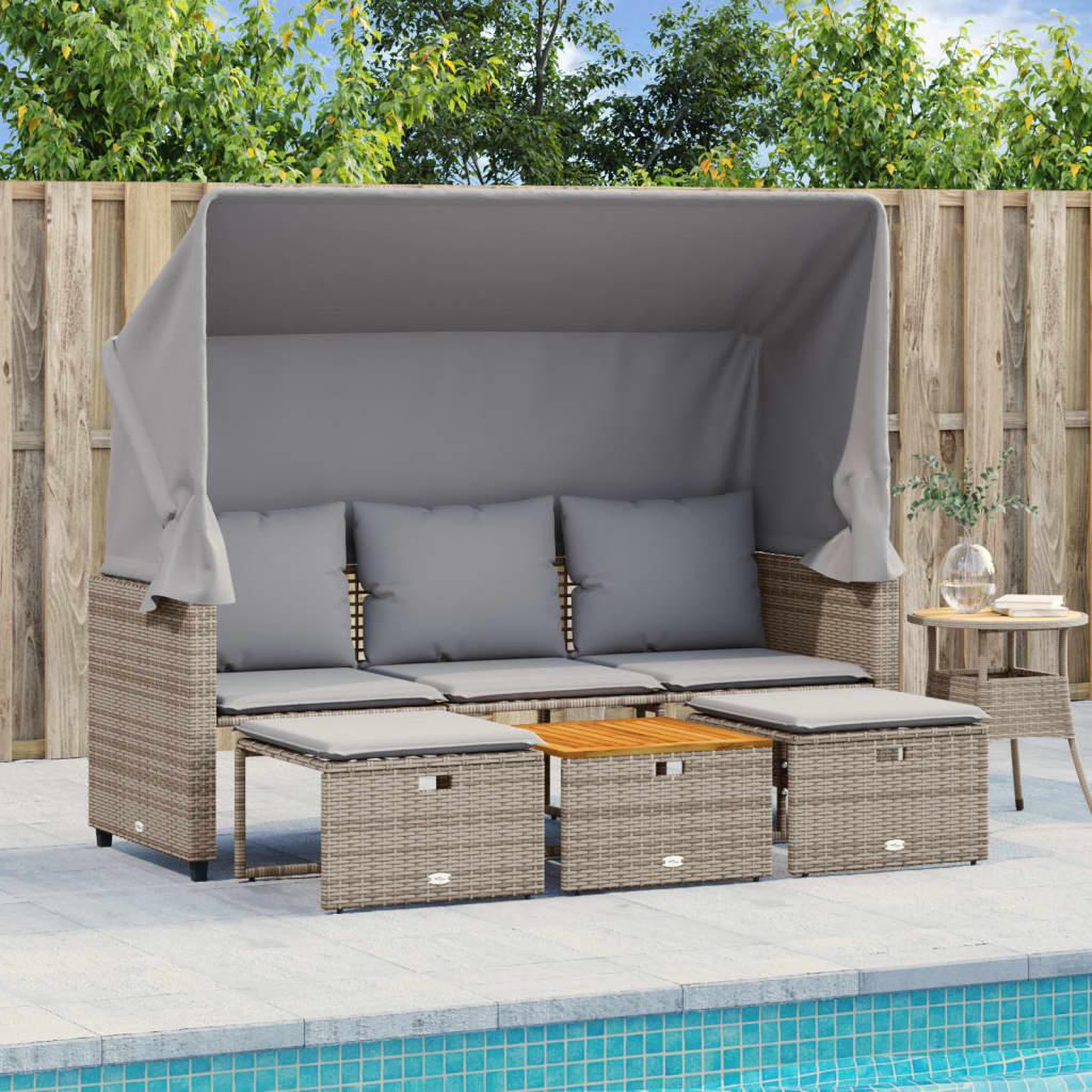 Voir la diapositive 3 : VIDAXL Canape de jardin 3 places avec auvent et tabourets gris rotin