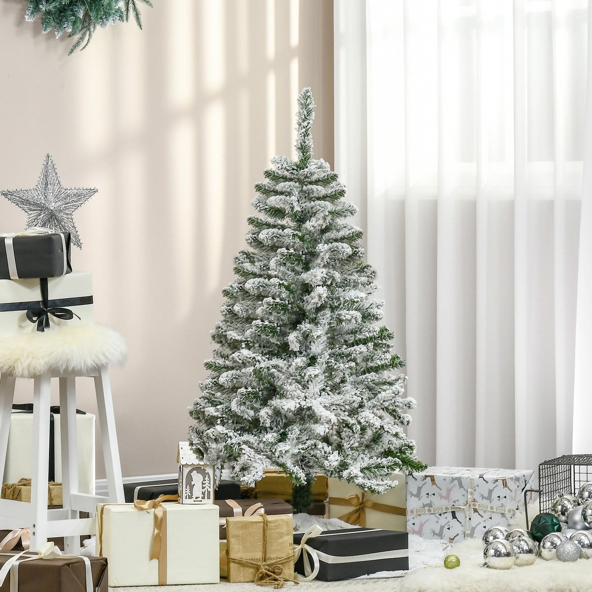 HOMCOM Sapin de Noël artificiel aspect enneigé Ø 70 x 120H cm 200 branches épines imitation Nordmann grand réalisme