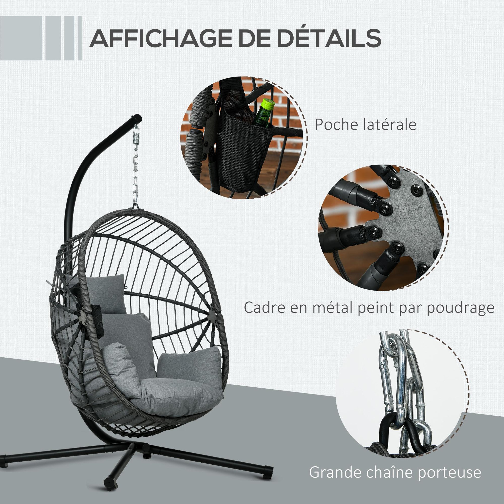 Voir la diapositive 6 : OUTSUNNY Fauteuil suspendu pliable - fauteuil de jardin suspendu avec coussin - acier noir cordage PP gris