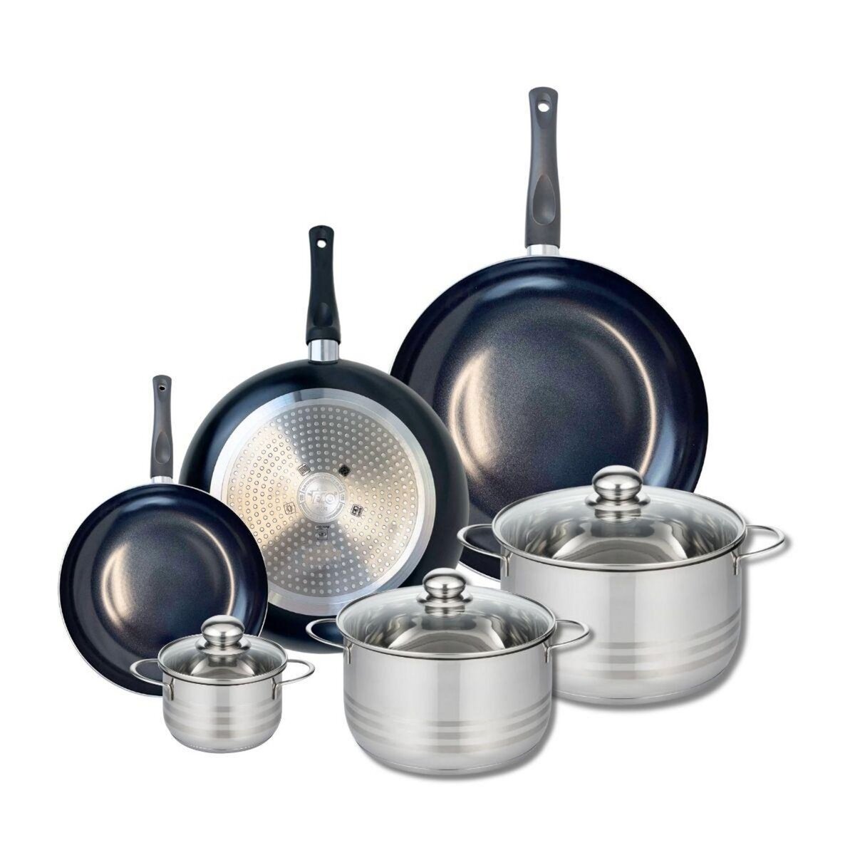 ELO Ensemble de 3 Poêles de cuisson 20, 28 et 32 cm et 3 faitouts 12, 20 et 24 cm Elo Prima Brillant