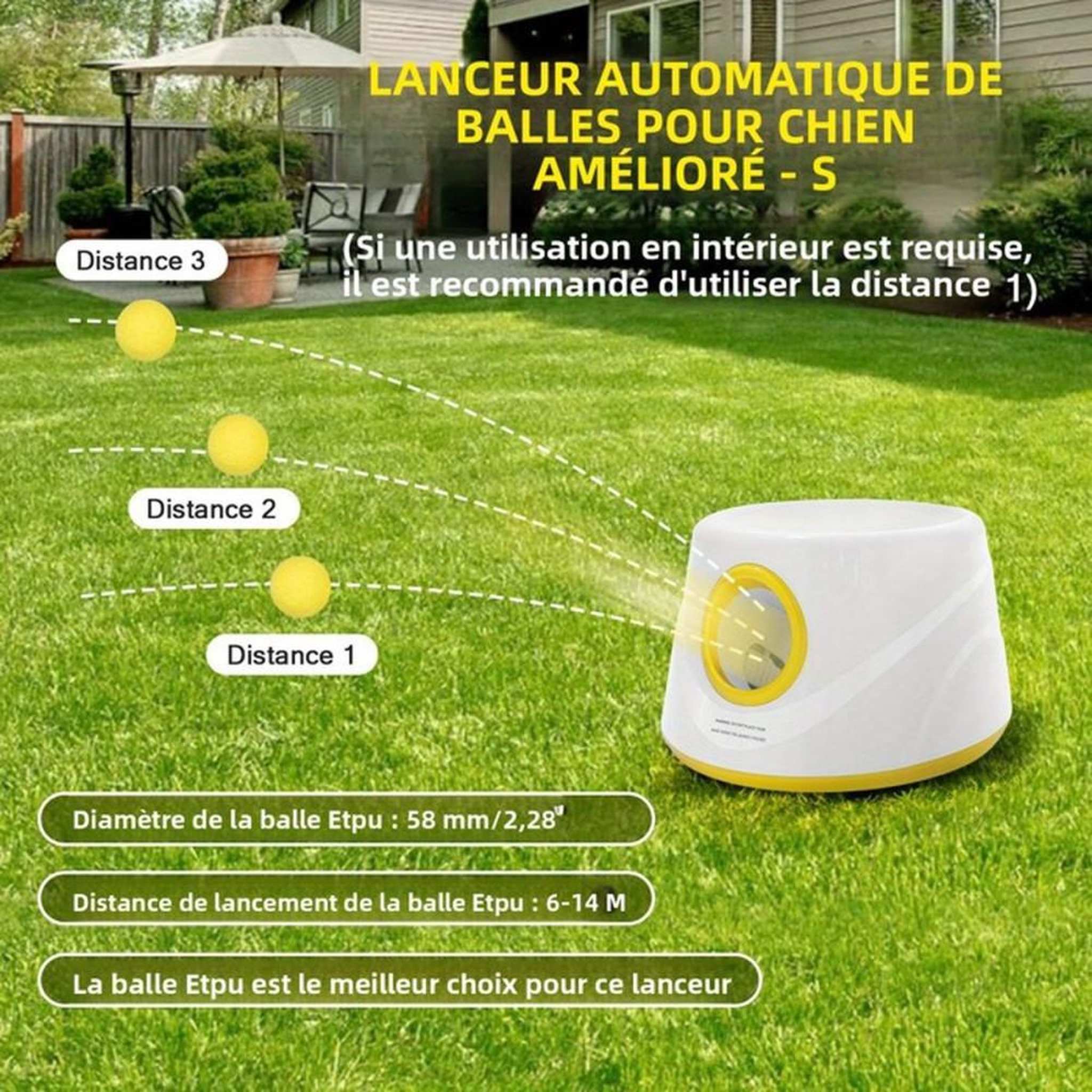 Voir la diapositive 6 : Lance-balles automatique pour chien avec 5 balles en mousse 58 mm et 3 distances 6 à 14 m