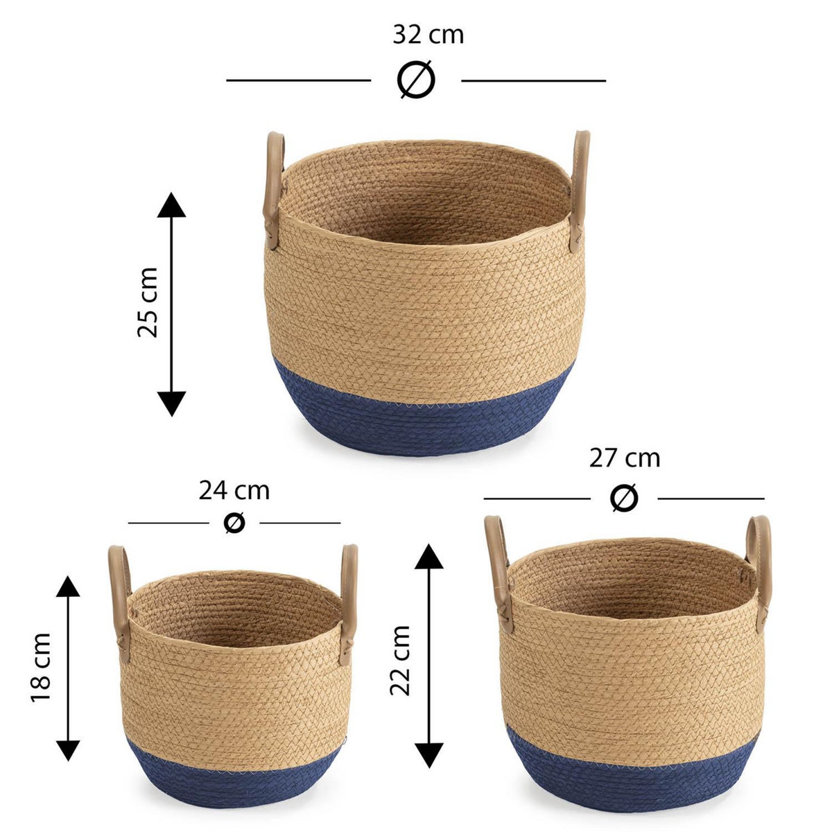 VS VENTA-STOCK Set de 3 paniers Tecla fibre naturelle, bleu/naturel