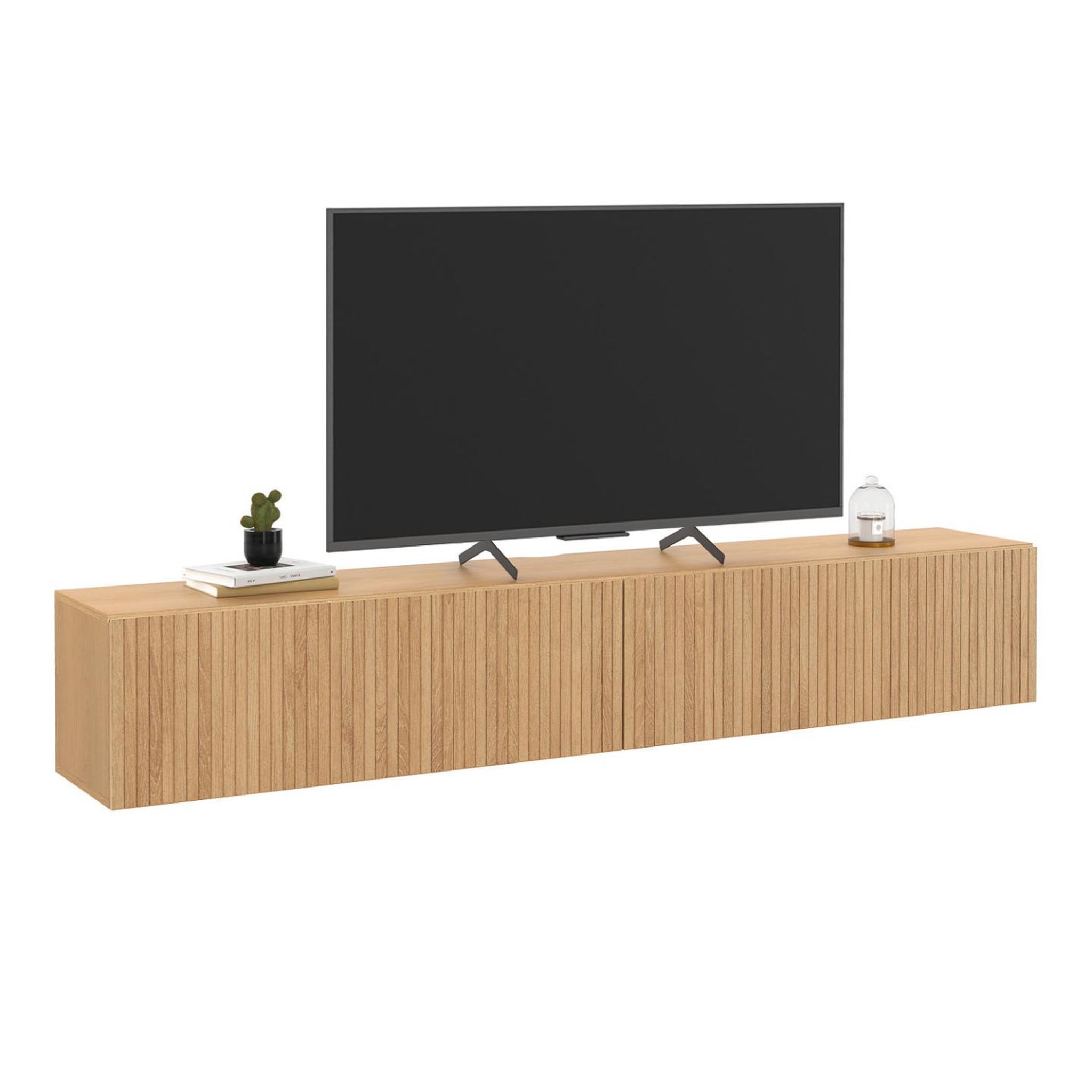 ID MARKET Meuble tv 180 cm suspendu juliette 2 portes lattes tasseau bois coloris chêne