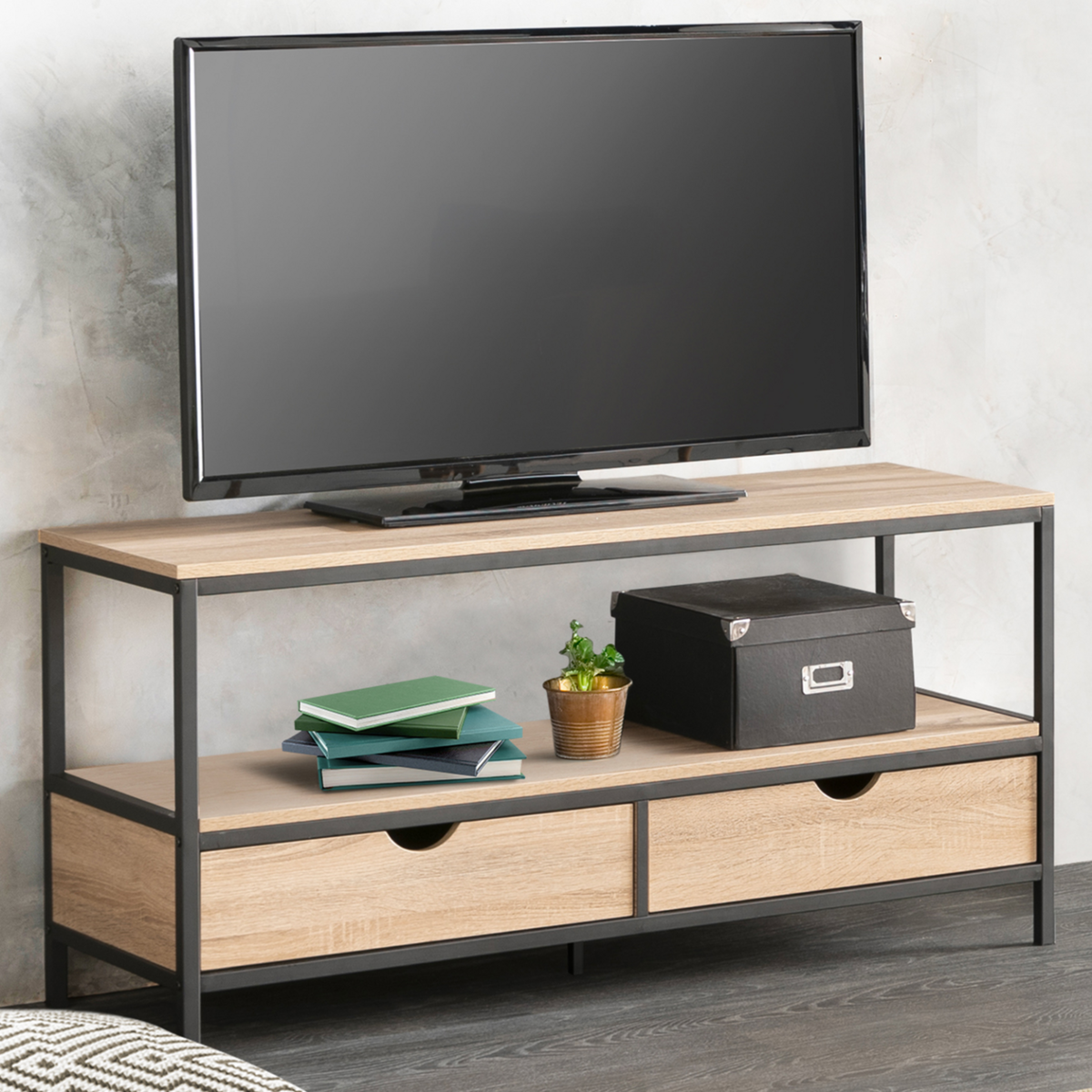 ID MARKET Meuble TV 113 cm DETROIT 2 tiroirs design industriel