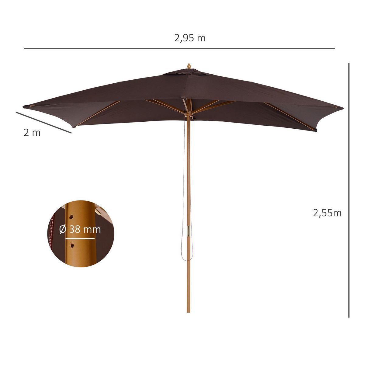 OUTSUNNY Parasol droit hexagonal bois polyester haute densité 2,95 x 2 x 2,55 m chocolat