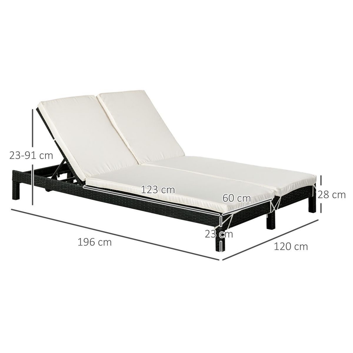OUTSUNNY Bain de soleil transat 2 places - grand confort - dossier inclinable multi-positions - matelas fournis crème - résine tressée 4 fils noir