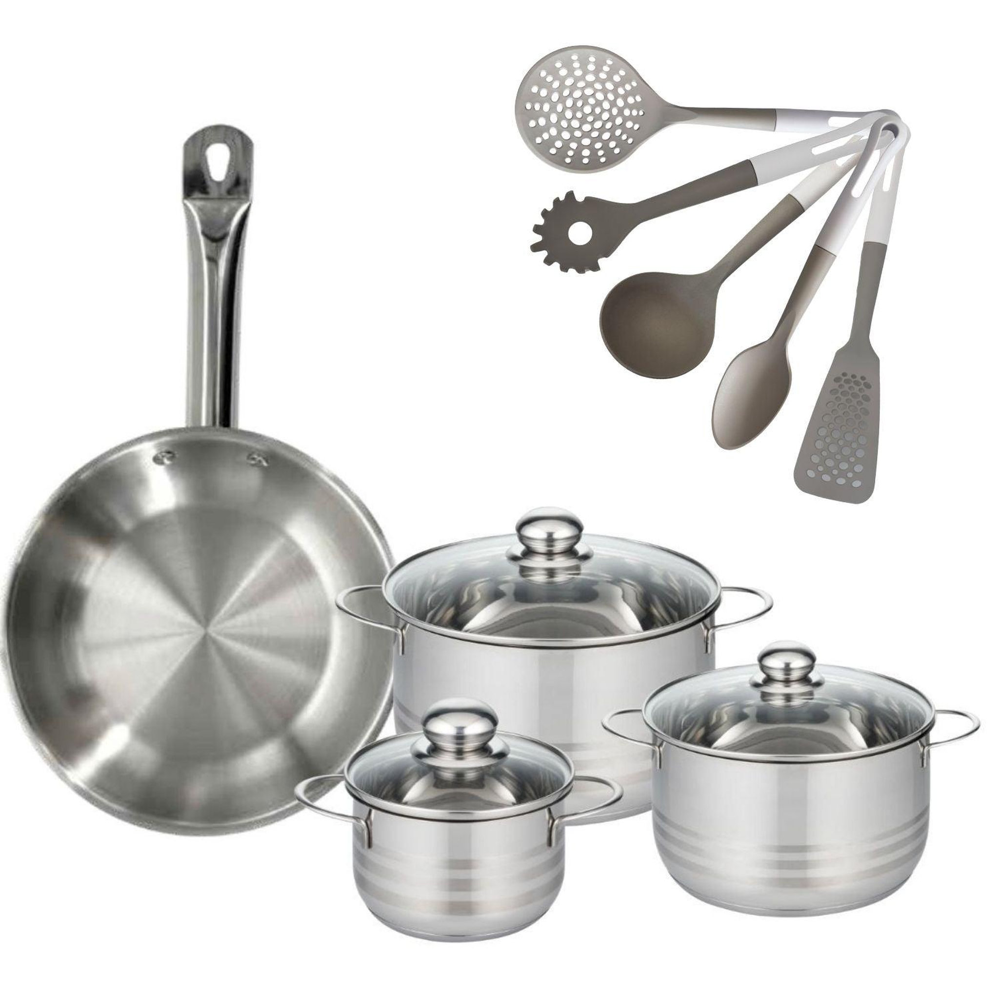 Fackelmann Batterie de cuisine avec 3 faitouts 16/20/24 cm et 1 poêle 28 cm avec 5 ustensiles de cuisine fackelmann etherna brillant vario