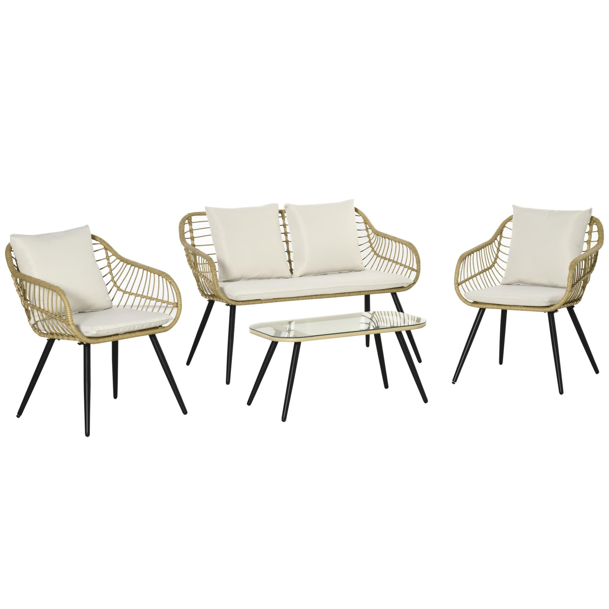 Voir la diapositive 1 : OUTSUNNY Salon de jardin 4 pers. 4 pièces style exotique métal époxy noir résine imitation bambou coussins grand confort inclus polyester beige