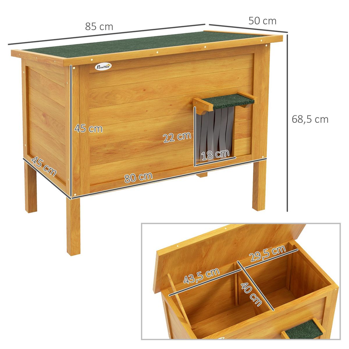 PAWHUT Maison lodge sur pied - niche villa chat - toit ouvrant bitumé, porte extérieure/intérieure - bois sapin pré-huilé