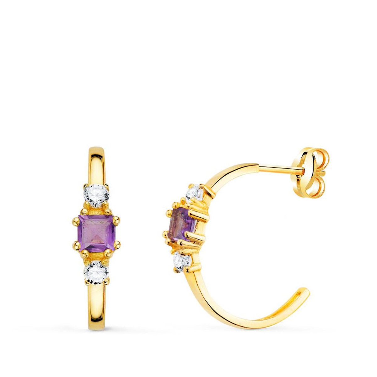 L'ATELIER D'AZUR Boucles d'Oreilles Demi Créoles Améthystes - Or 18 Carats 750 Jaune