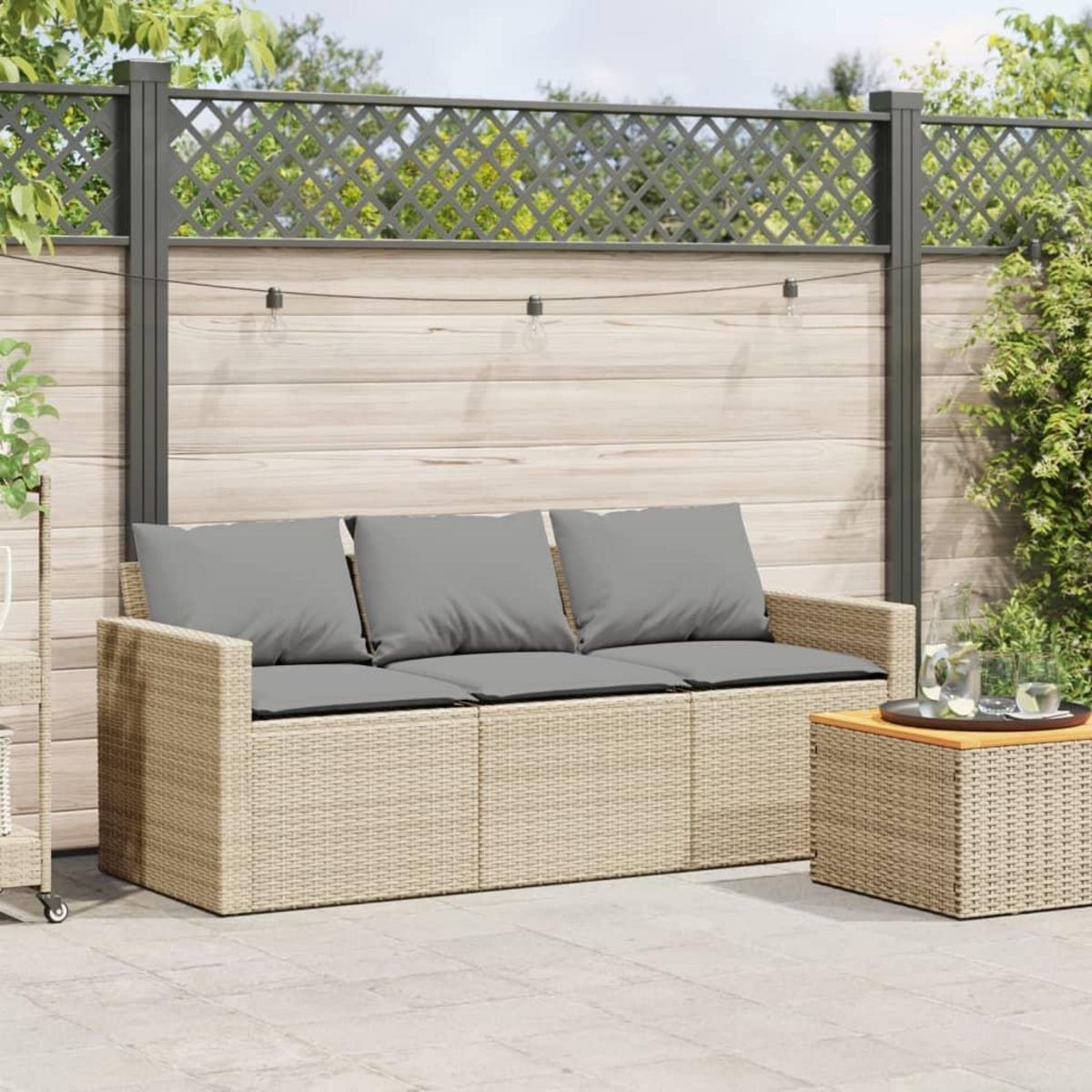 VIDAXL Canape de jardin avec coussins 3 places beige resine tressee
