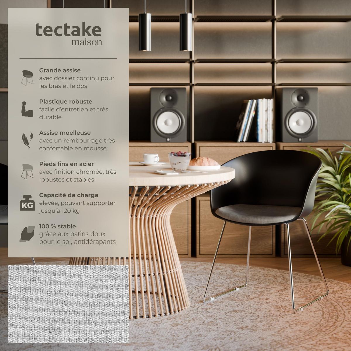 tectake Chaises avec accoudoirs en plastique assise en plastique rembourrée noir/gris chrome Lot de 4