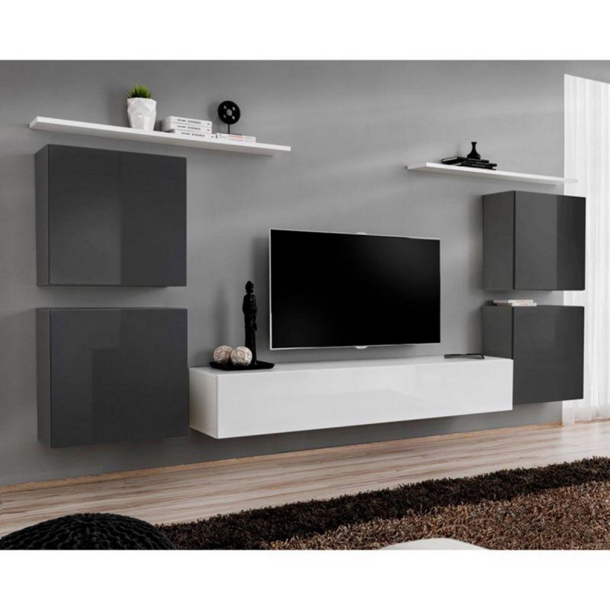 Paris Prix Meuble TV Mural Design  Switch IV  320cm Gris & Blanc