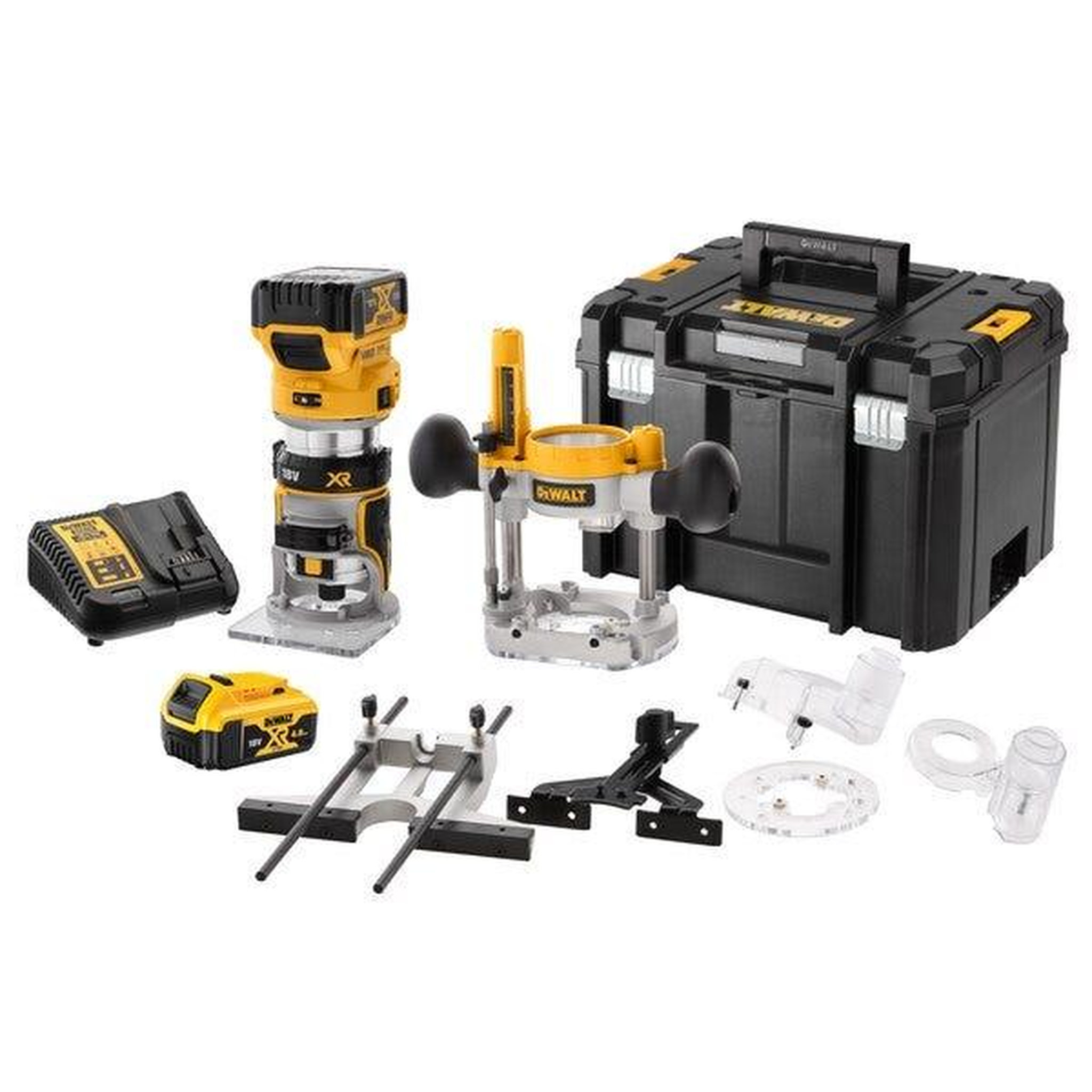 Dewalt Affleureuse défonceuse xr 18v brushless 6-8 mm + 2 batteries 5ah li-ion + chargeur + coffret tstak