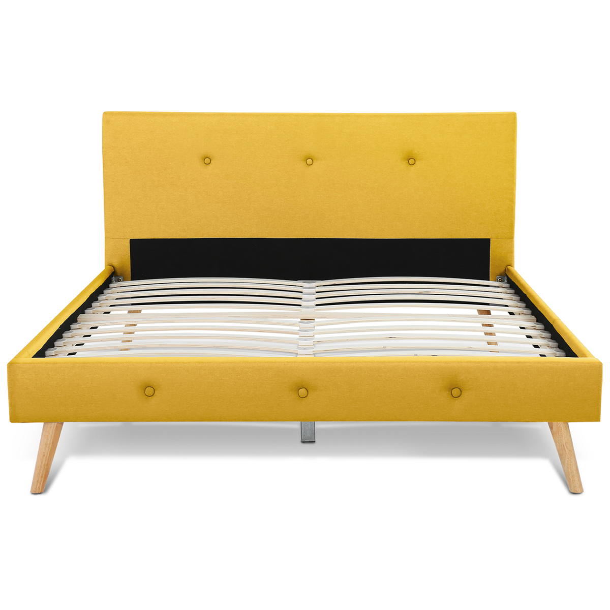ID MARKET Lit double scandinave OSLO avec tête de lit et sommier 140 x 190 cm tissu jaune moutarde